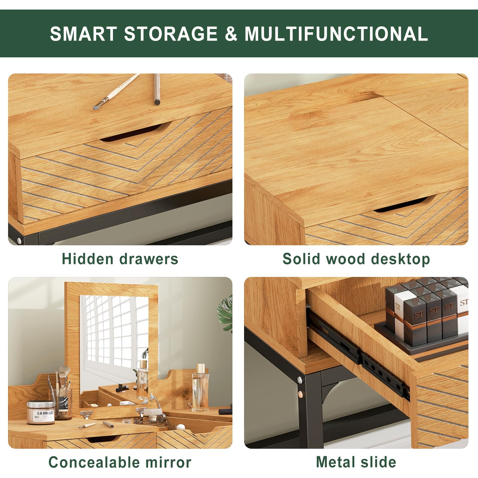 Solid Wood Vanity Desk with Flip Top Mirror and 3 Drawers