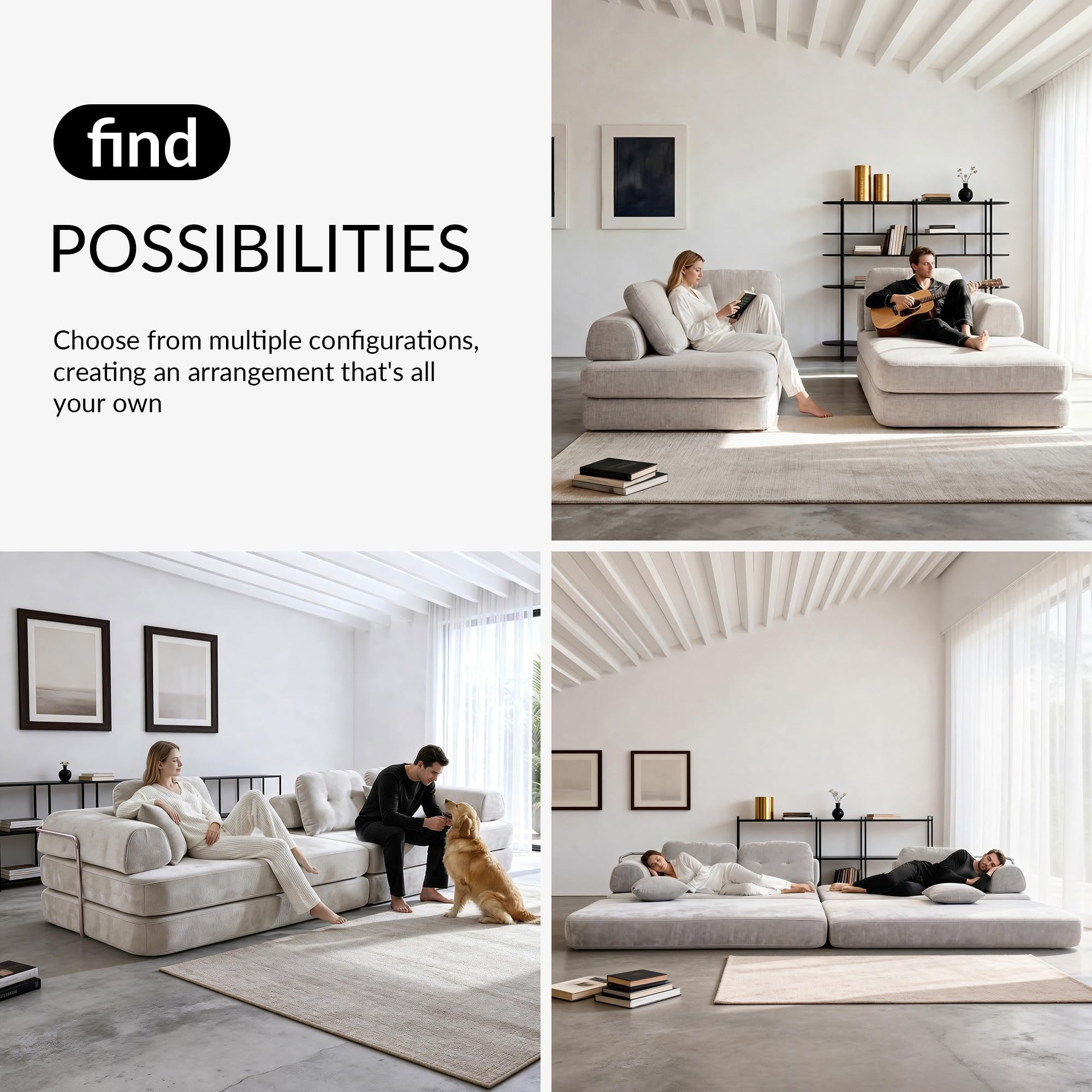 104" Modular Sofa Bed - 8-in-1 Convertible Sectional Couch with High Resilience Sponge