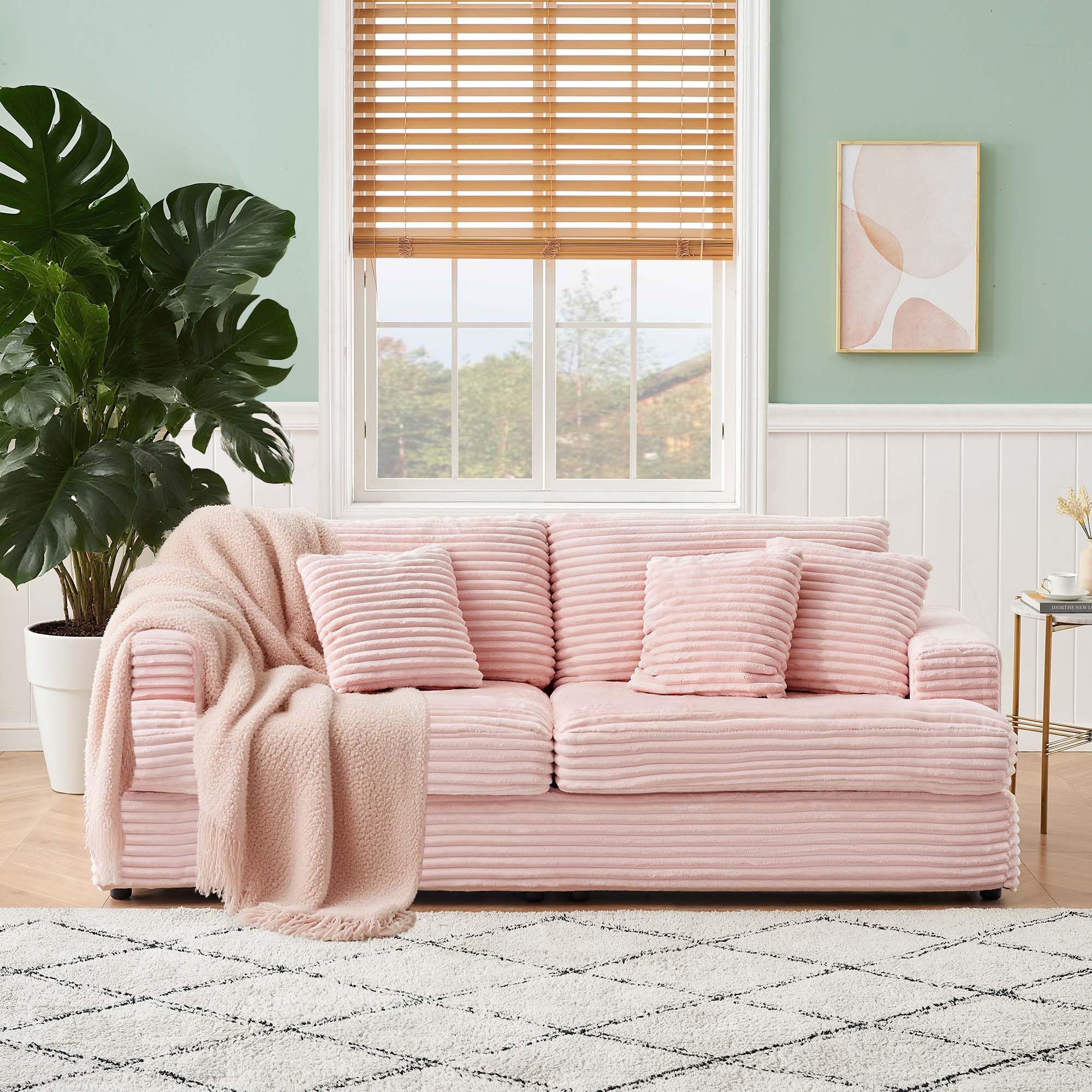 Pink Corduroy Sleeper Sofa 3-Seater with Deep Seat