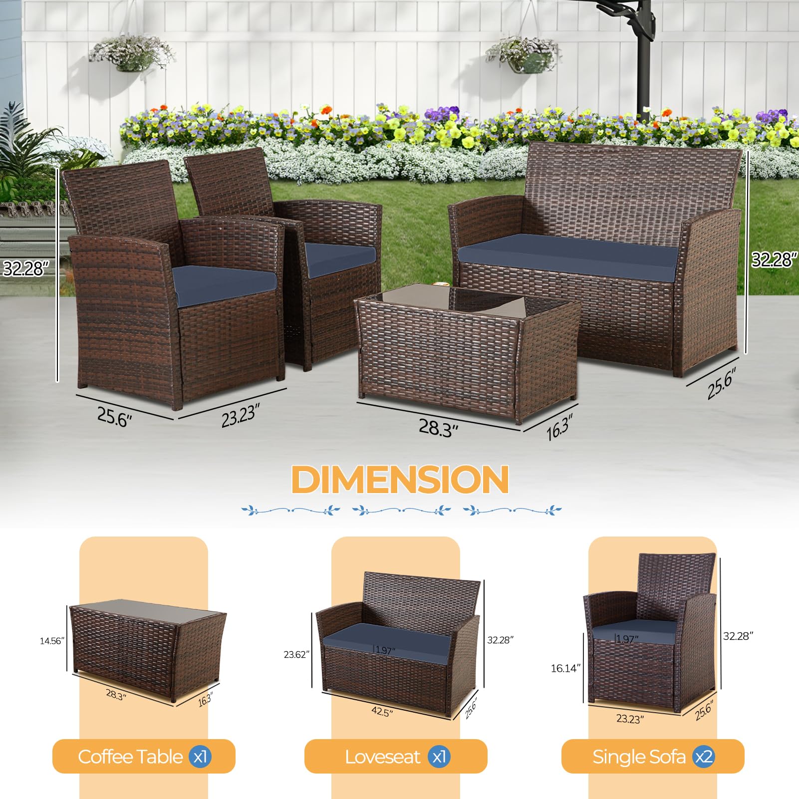 4 Piece Outdoor Patio Furniture Set with Table and Loveseat
