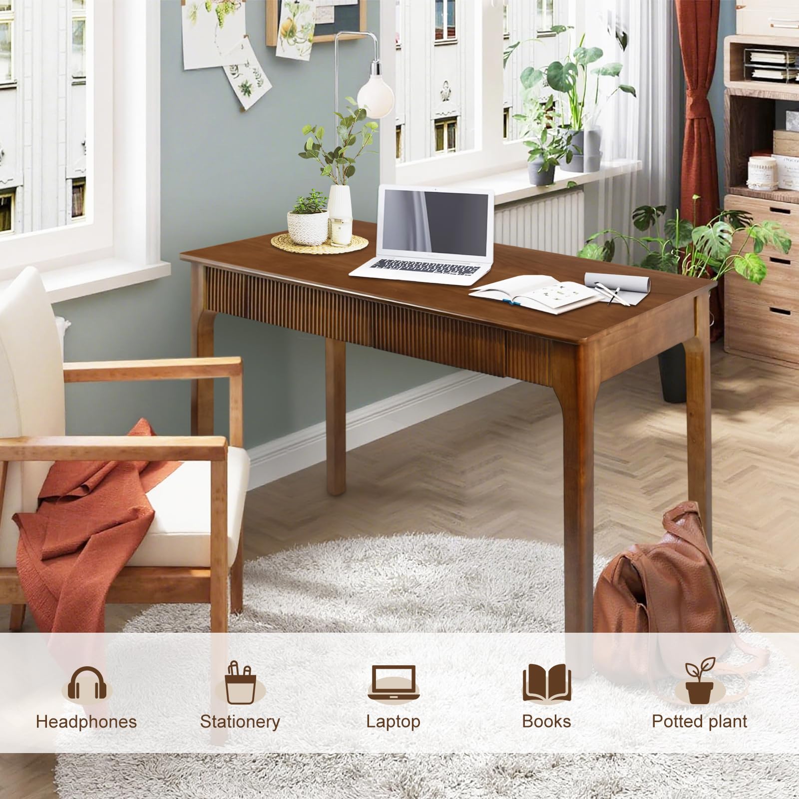 Solid Wood Writing Desk with 2 Drawers