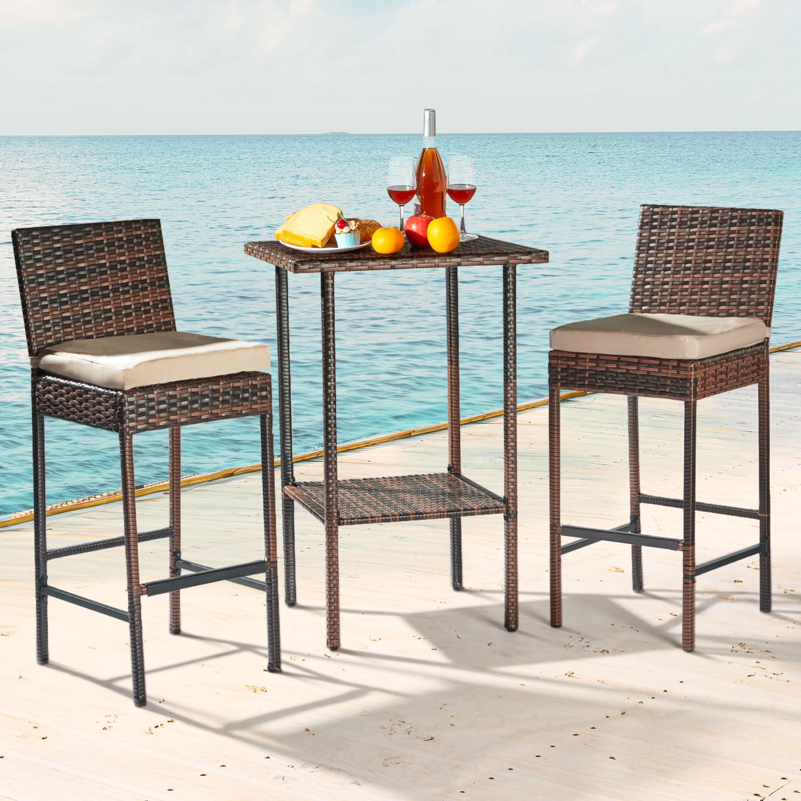 Outdoor Wicker Bar Stool Set of 2 with Cushions
