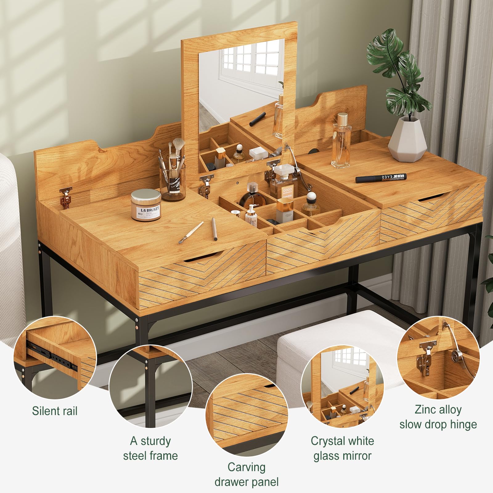 Solid Wood Vanity Desk with Flip Top Mirror and 3 Drawers