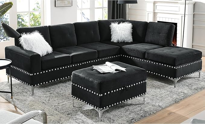 L-Shape Sectional Sofa with Reversible Chaise and Storage Ottoman