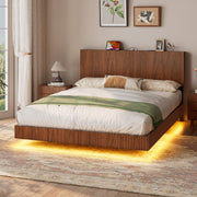Walnut Queen Floating Bed Frame with LED Lights