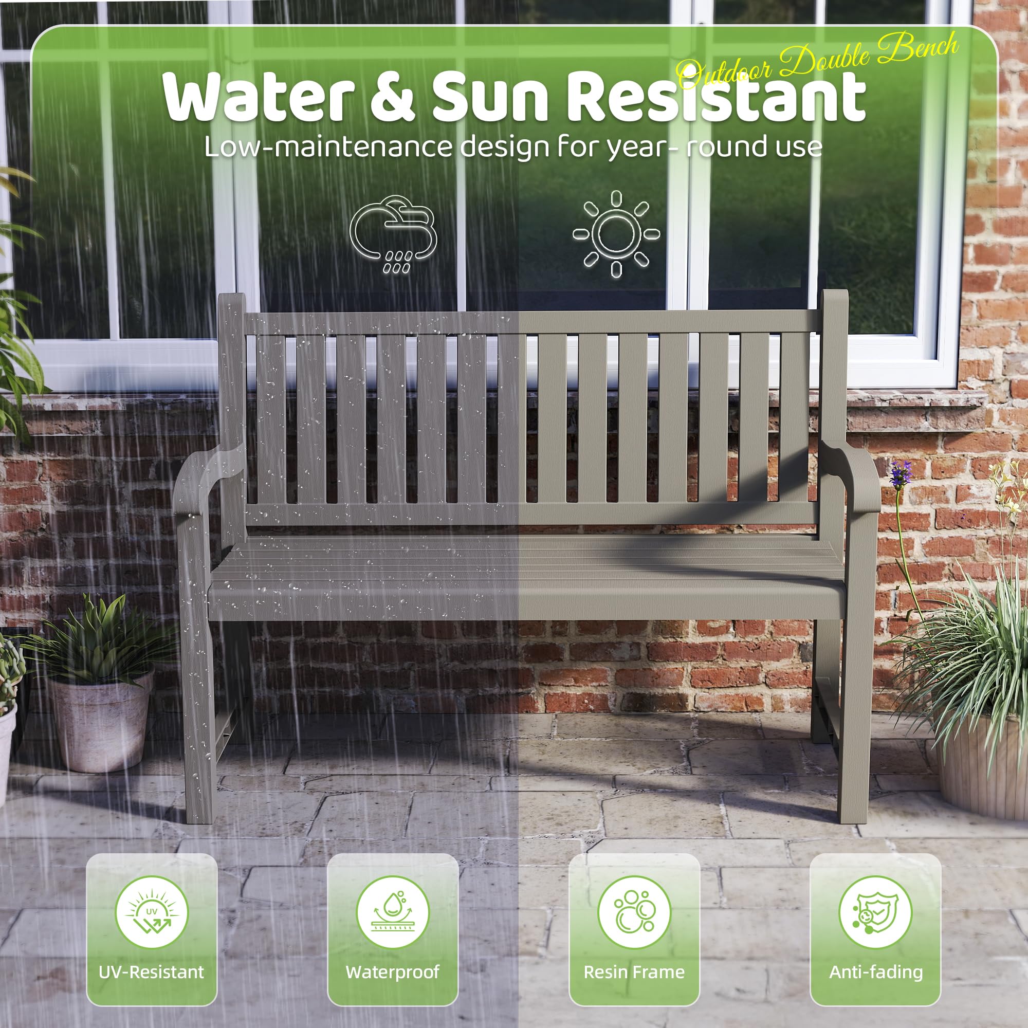 Waterproof Resin Outdoor Bench 2-Person Grey