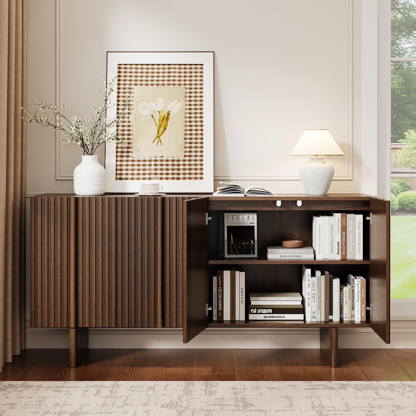 63" Fluted Sideboard Buffet Cabinet with Adjustable Shelves
