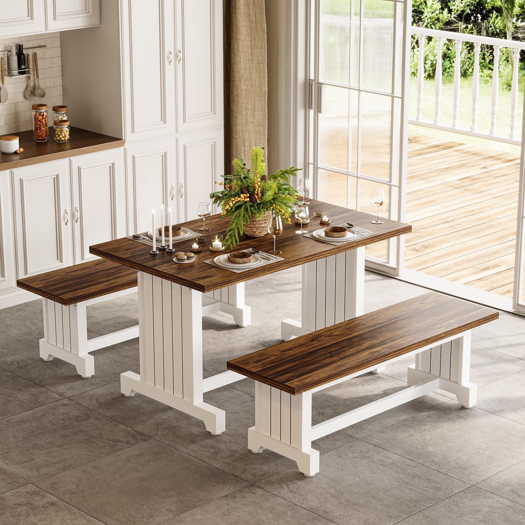 Dining Table Set for 4 with 2 Benches - Space-Saving Kitchen Dinette