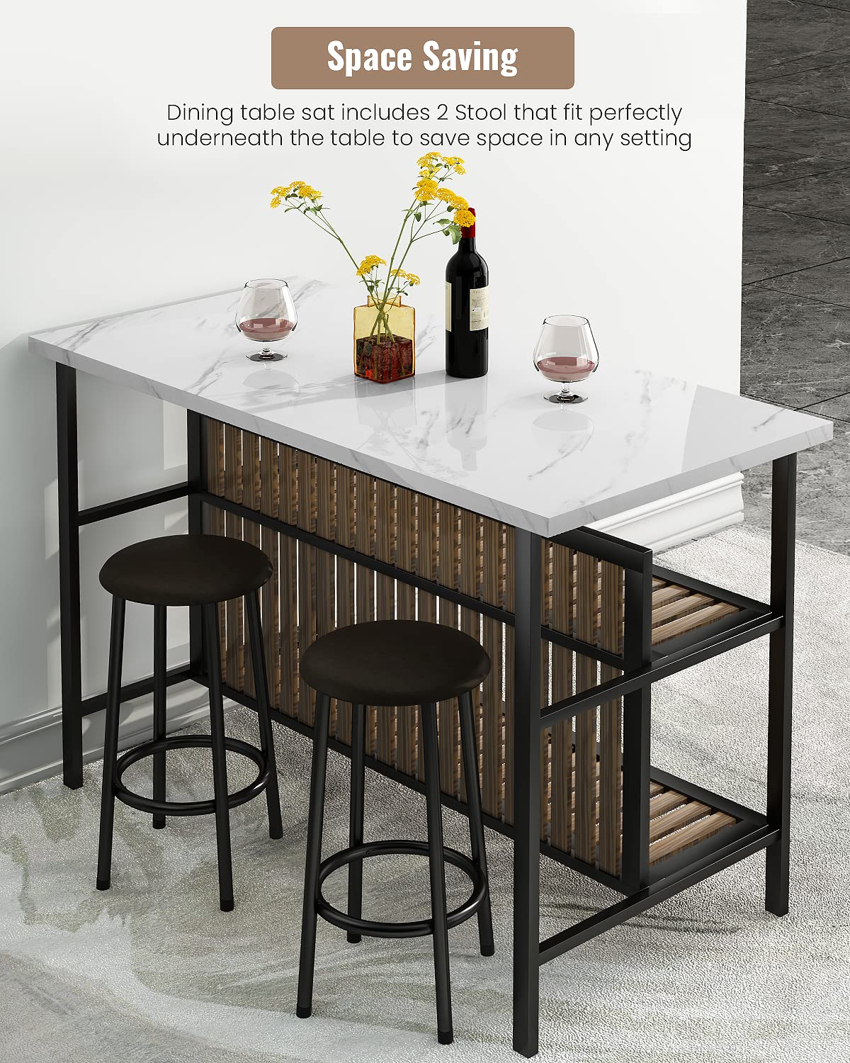 3 Piece Counter Height Bar Table Set with Storage