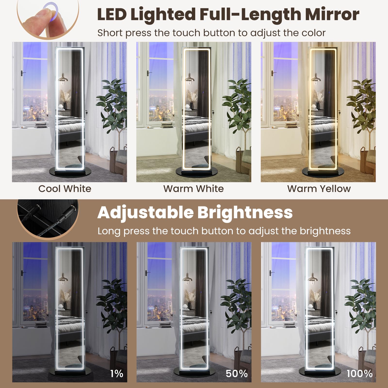 Swivel LED Mirror Jewelry Cabinet Armoire with Full Length Mirror