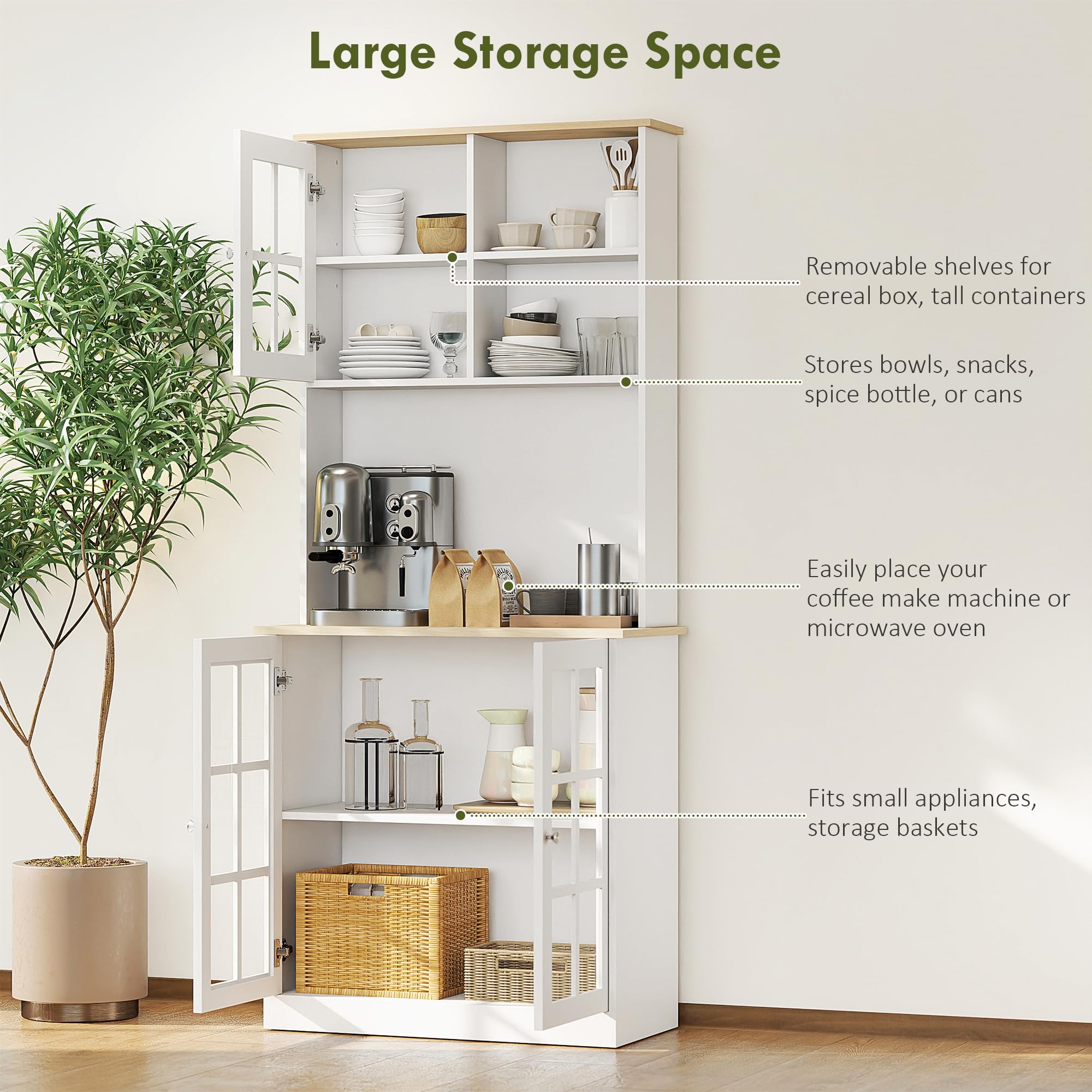 72" Kitchen Pantry Storage Cabinet with Glass Doors