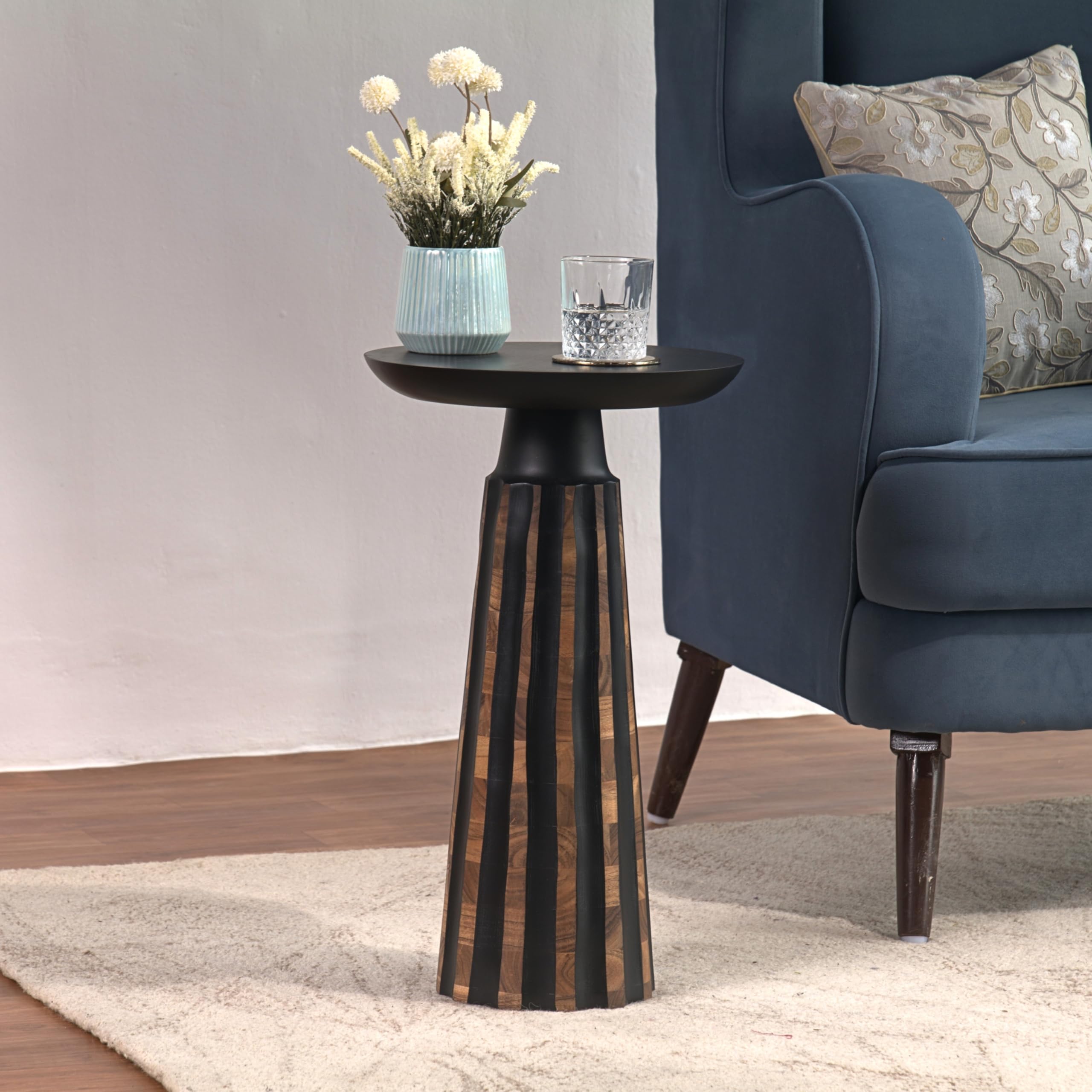 Black & Walnut Wood Drum Pedestal Accent Table