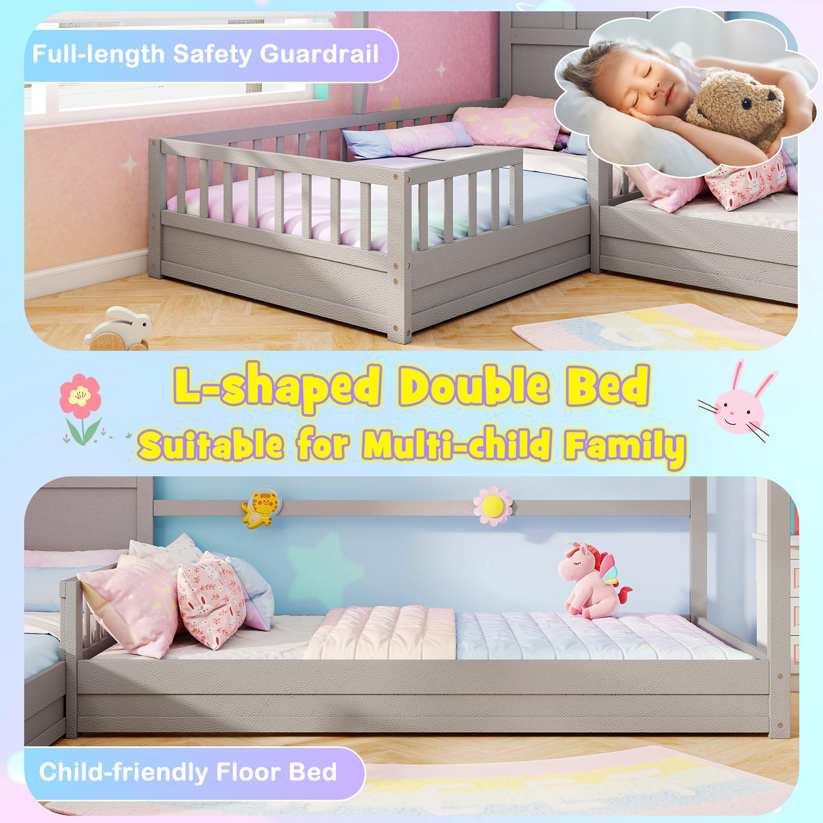 Double Twin L-Shaped House Bed with Window and Fences