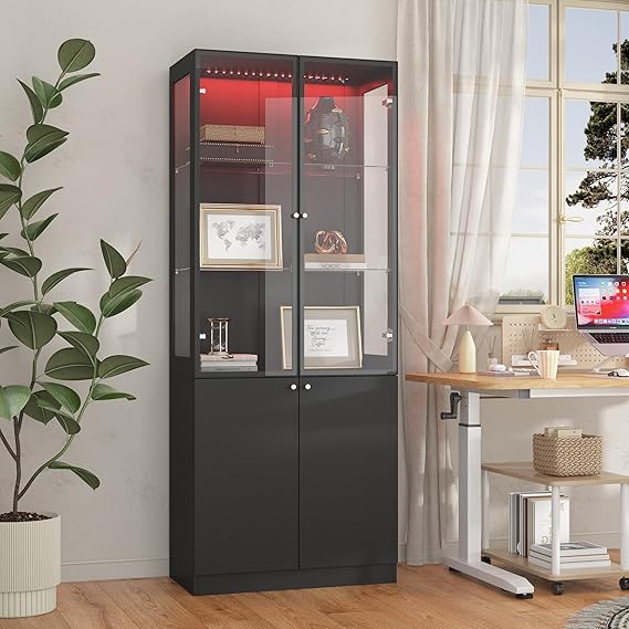 Lighted Bookcase with Drawers and Glass Doors