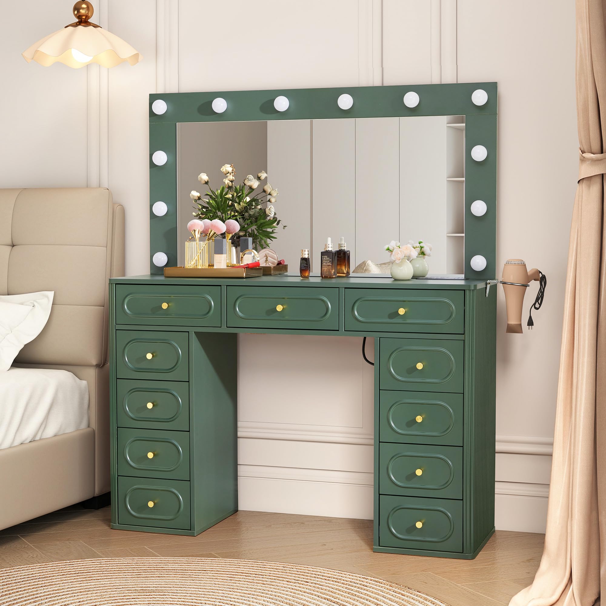 Fluted Vanity Desk with LED Mirror and 11 Drawers