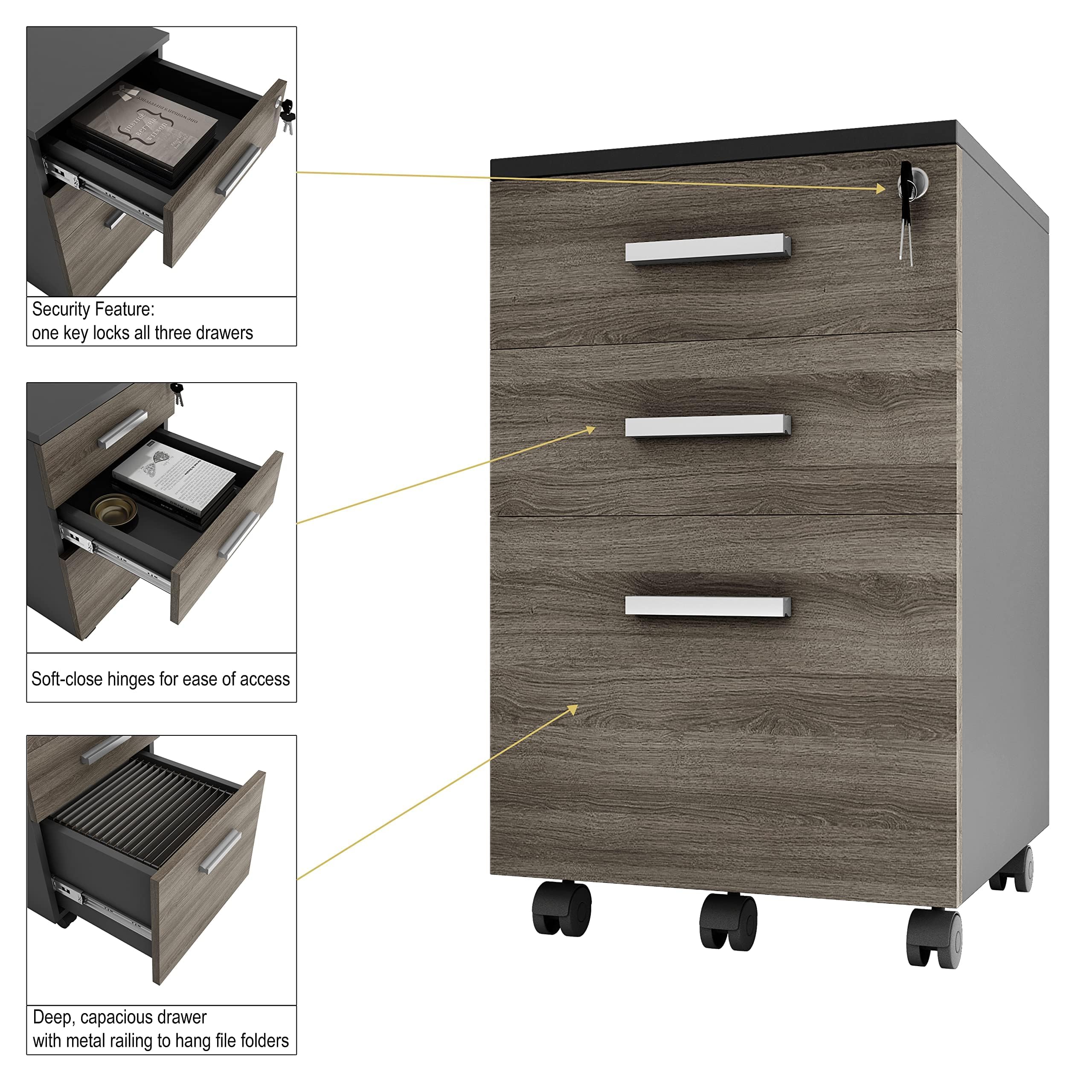 Lazio 3-Drawer Rolling File Cabinet with Lock