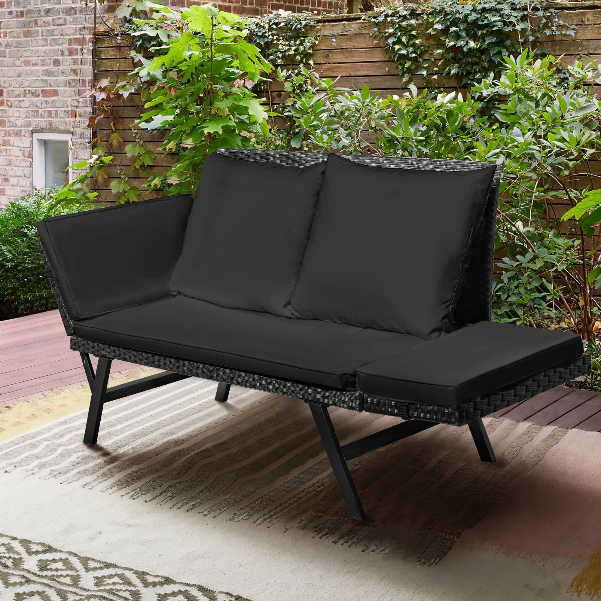 Convertible Outdoor Rattan Sofa Daybed with Adjustable Armrests