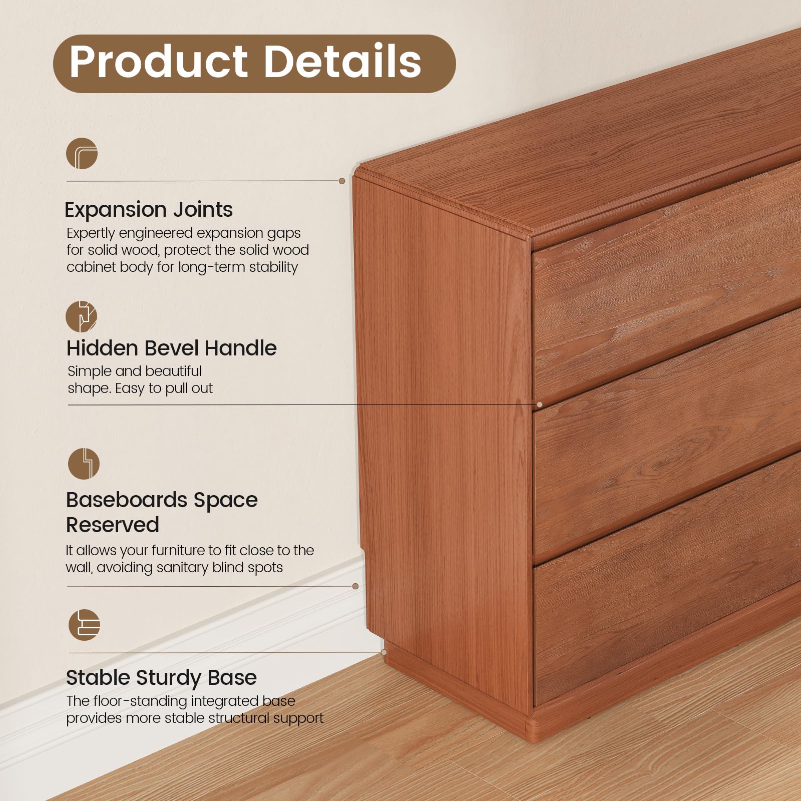 Solid Wood 6 Drawer Dresser 55.2" Wide Mid Century Modern