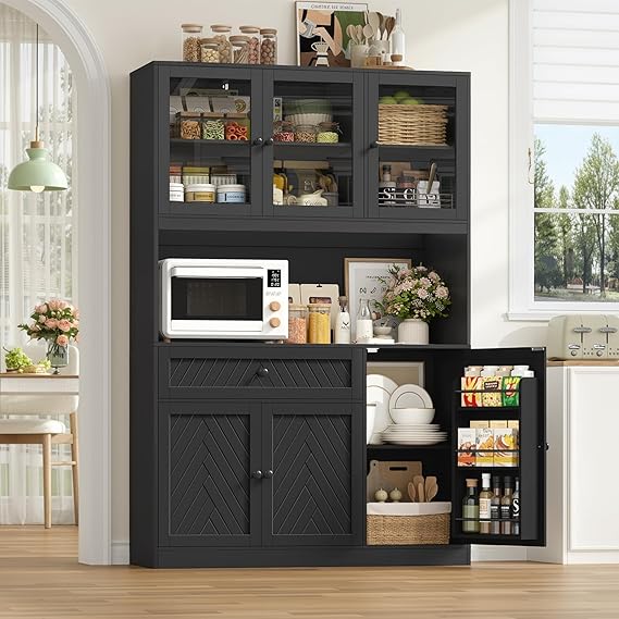72" Tall Kitchen Pantry Storage Cabinet with Glass Doors