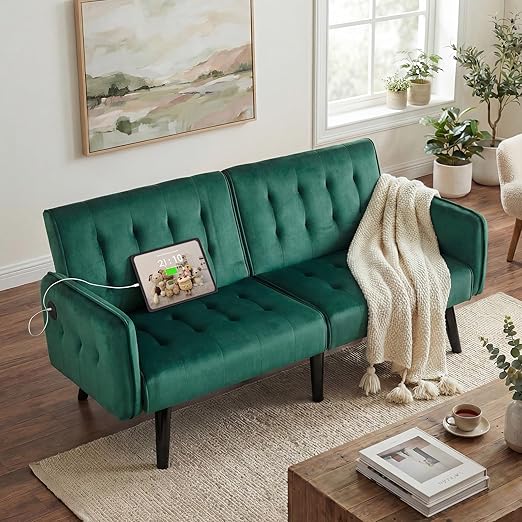 Pink Velvet Convertible Sofa Bed with USB Ports