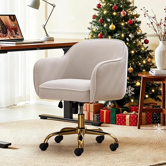 Velvet Upholstered Office Chair with Gold Wheels - Ergonomic Swivel Desk Chair