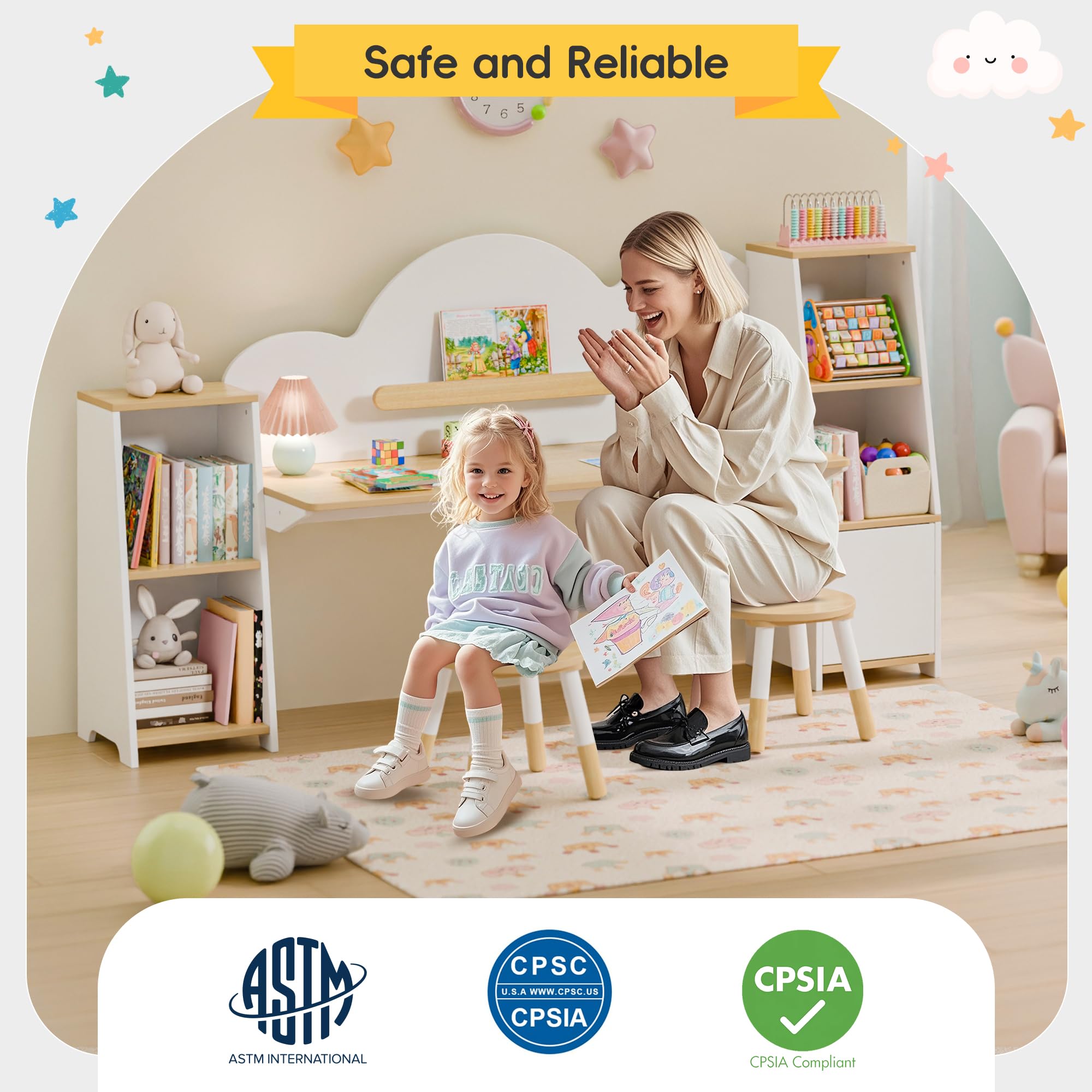 Kids Study Desk with Bookshelves and 2 Stools