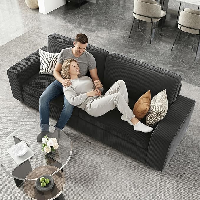 86" Blue Corduroy Sofa with Deep Seats