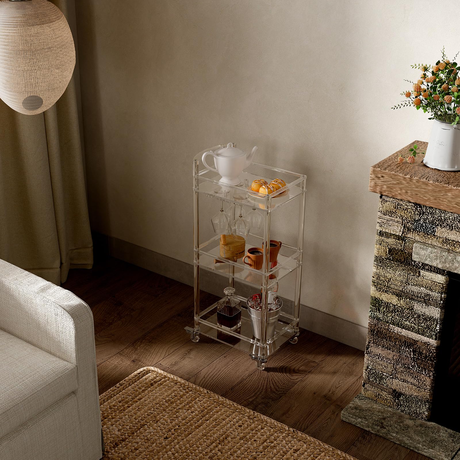 3-Tier Acrylic Rolling Bar Cart with Lockable Wheels