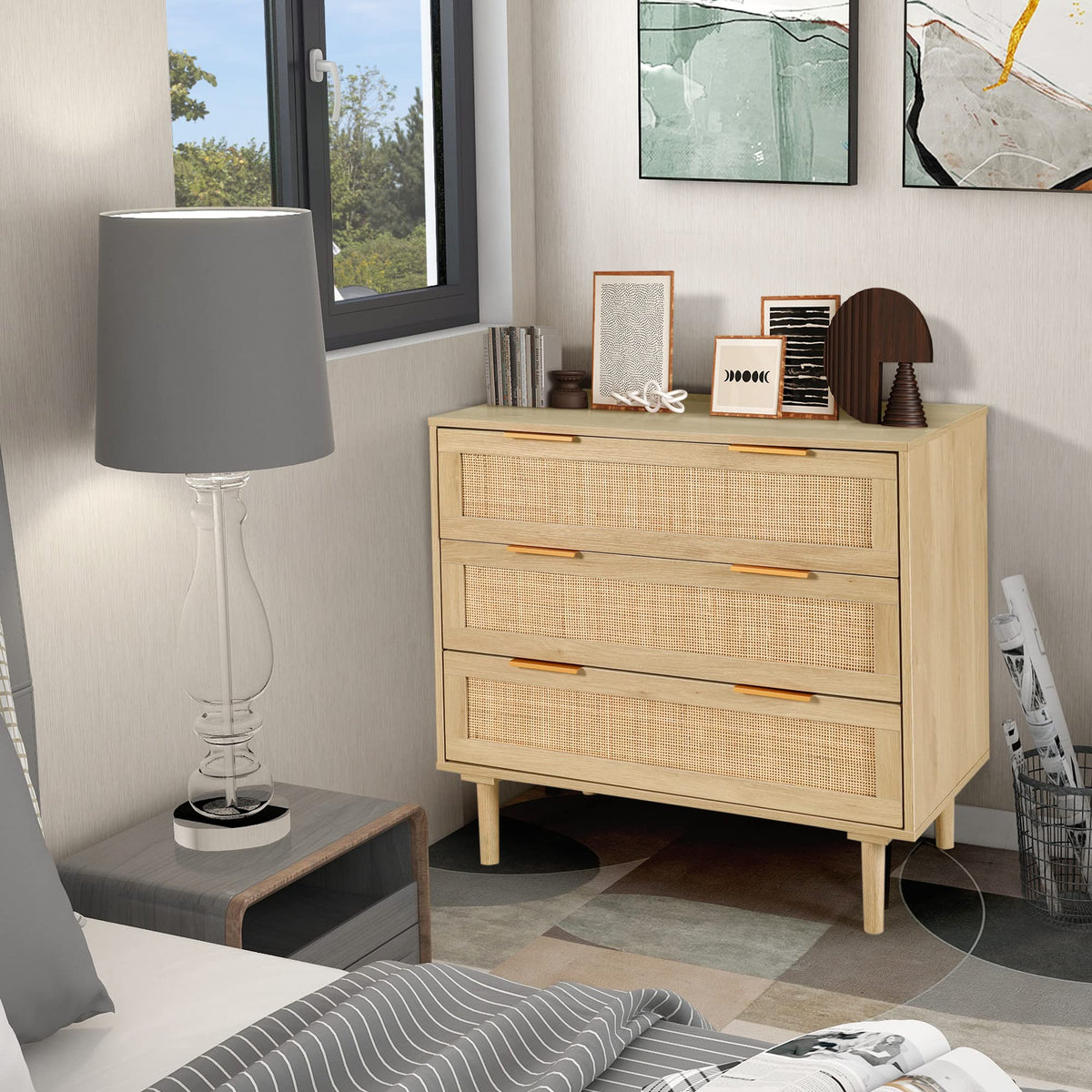 3 Drawer Rattan Dresser with Wood Oak Storage