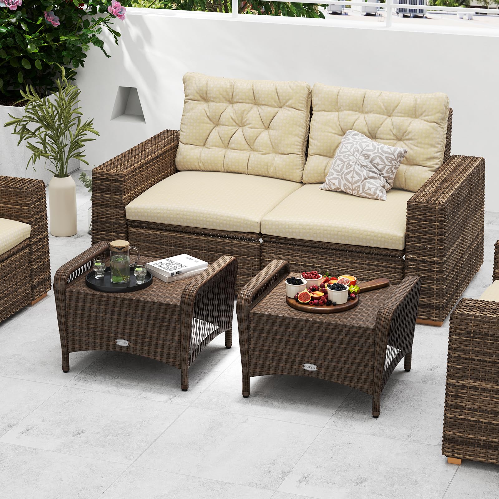 2-Piece Wicker Outdoor Ottoman Set with Removable Cushions