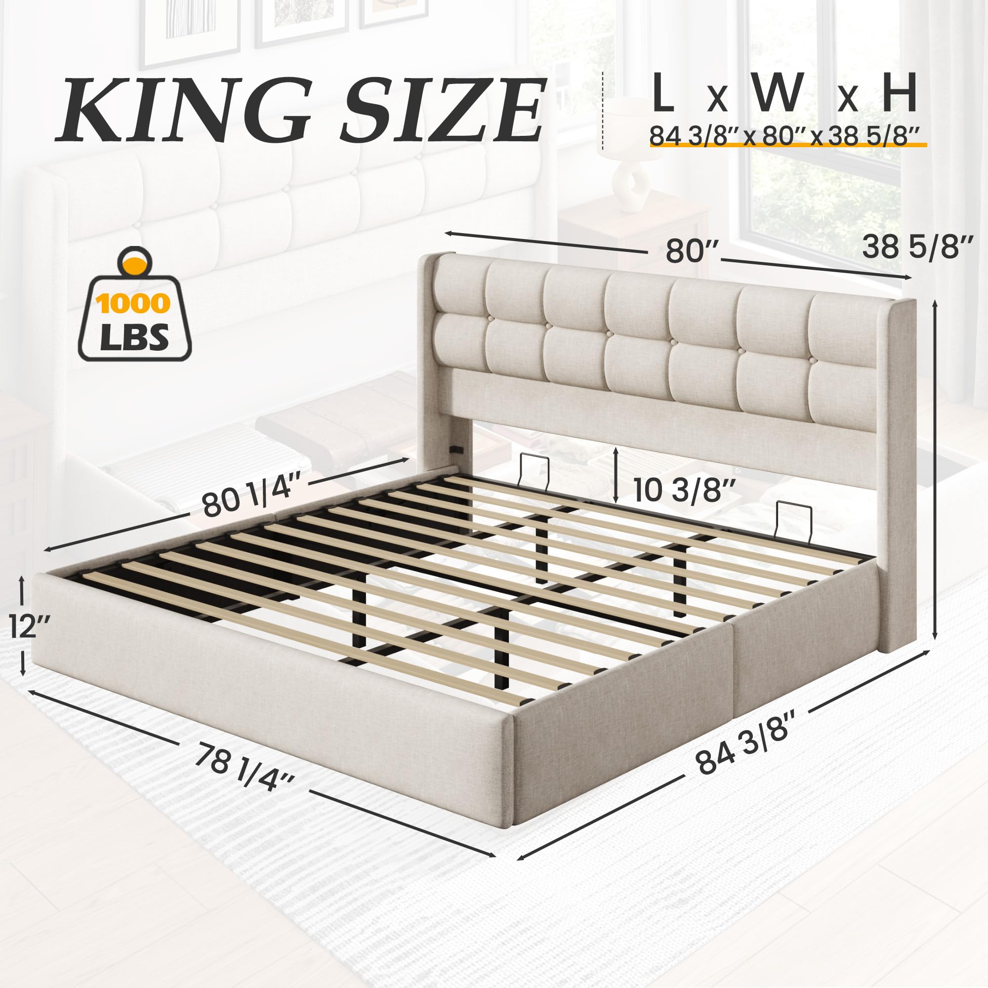 King Size Lift Up Storage Bed Frame with Tufted Wingback Headboard