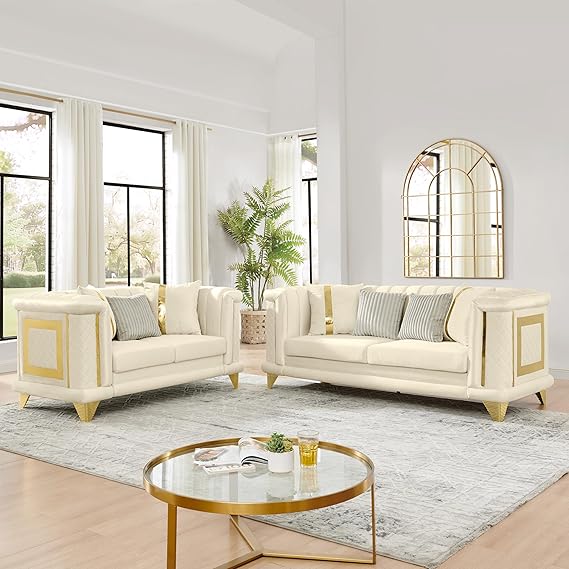 2-Piece Velvet Luxury Sofa Set with Gold Trim