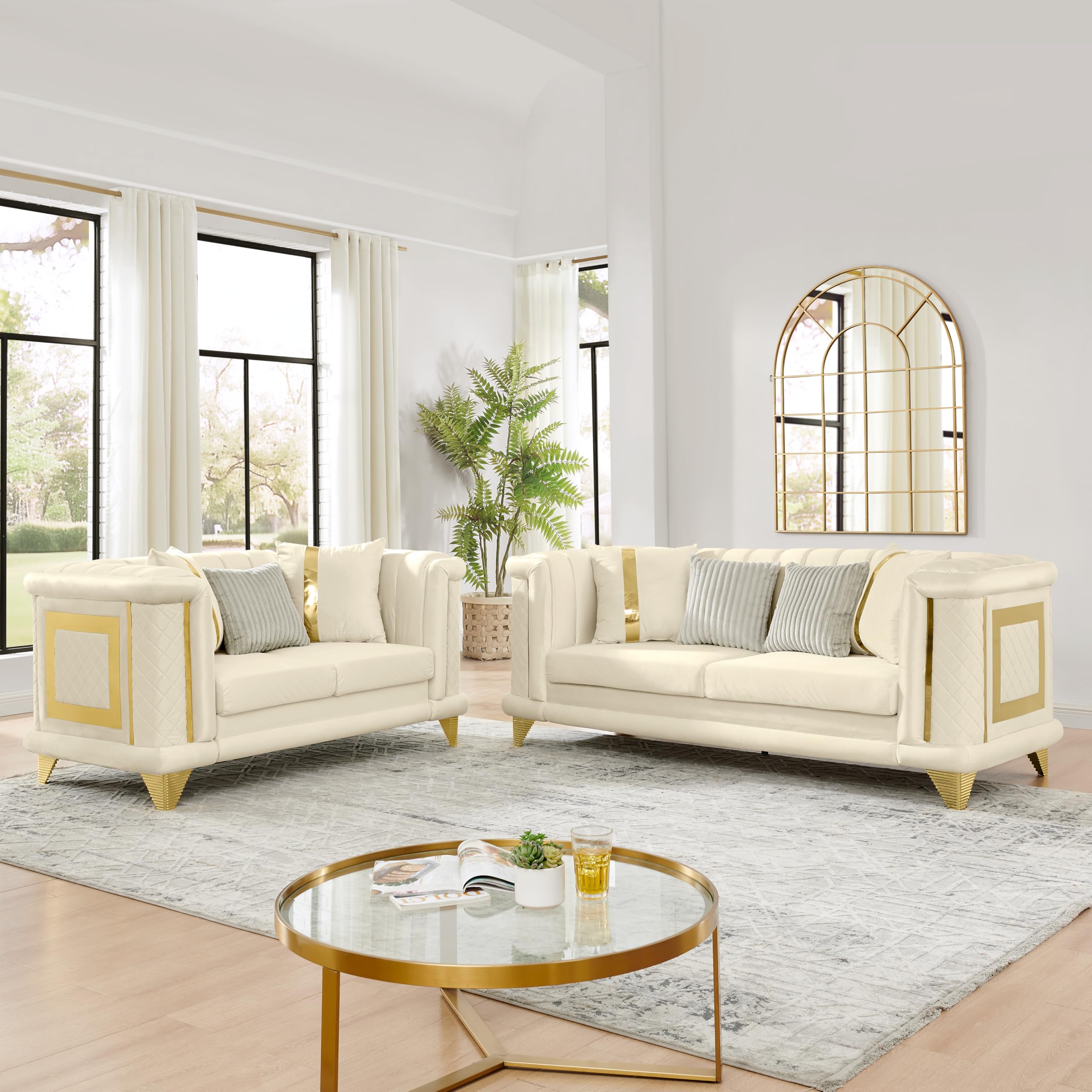 2-Piece Velvet Luxury Sofa Set with Gold Trim