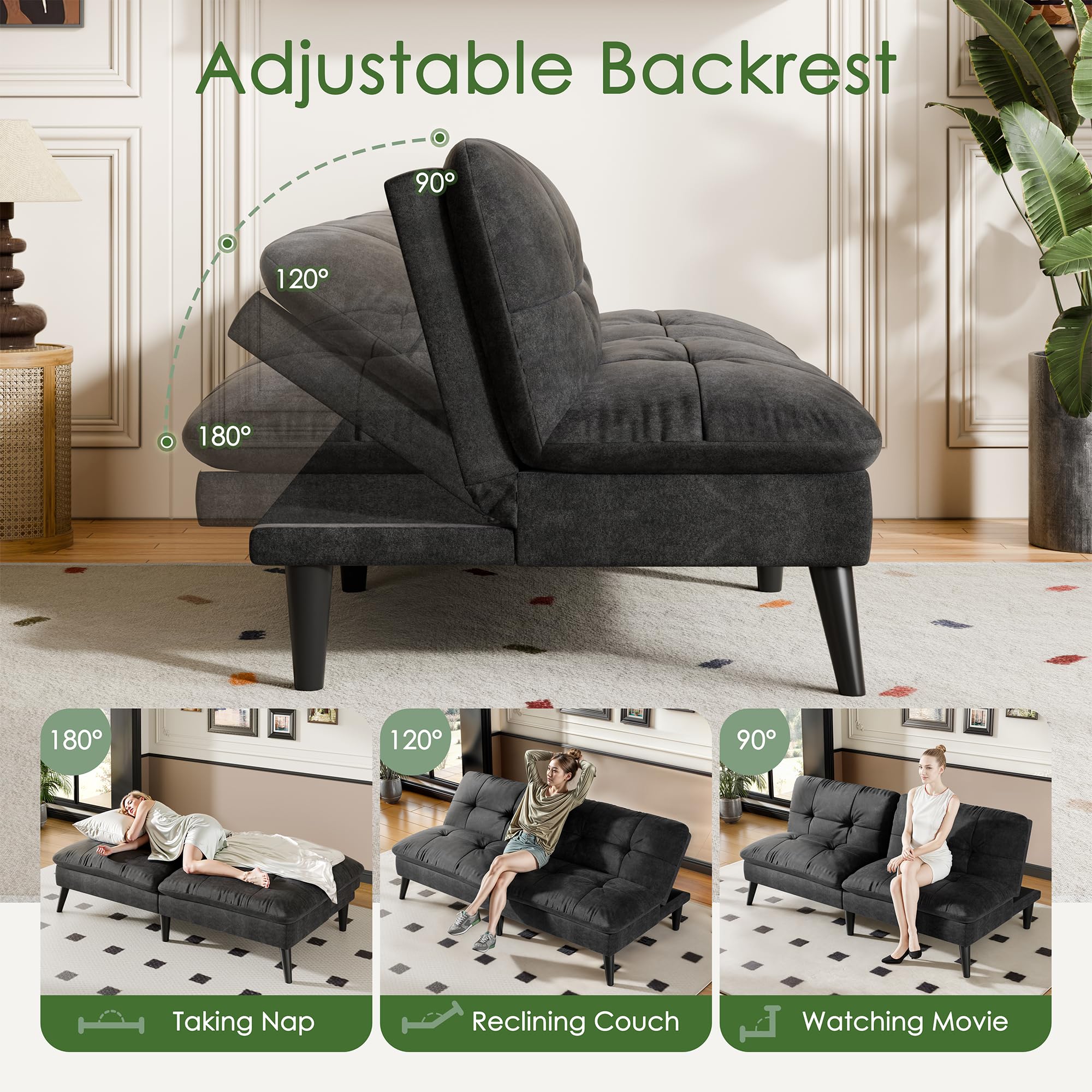 Convertible Futon Sofa Bed with Adjustable Backrest