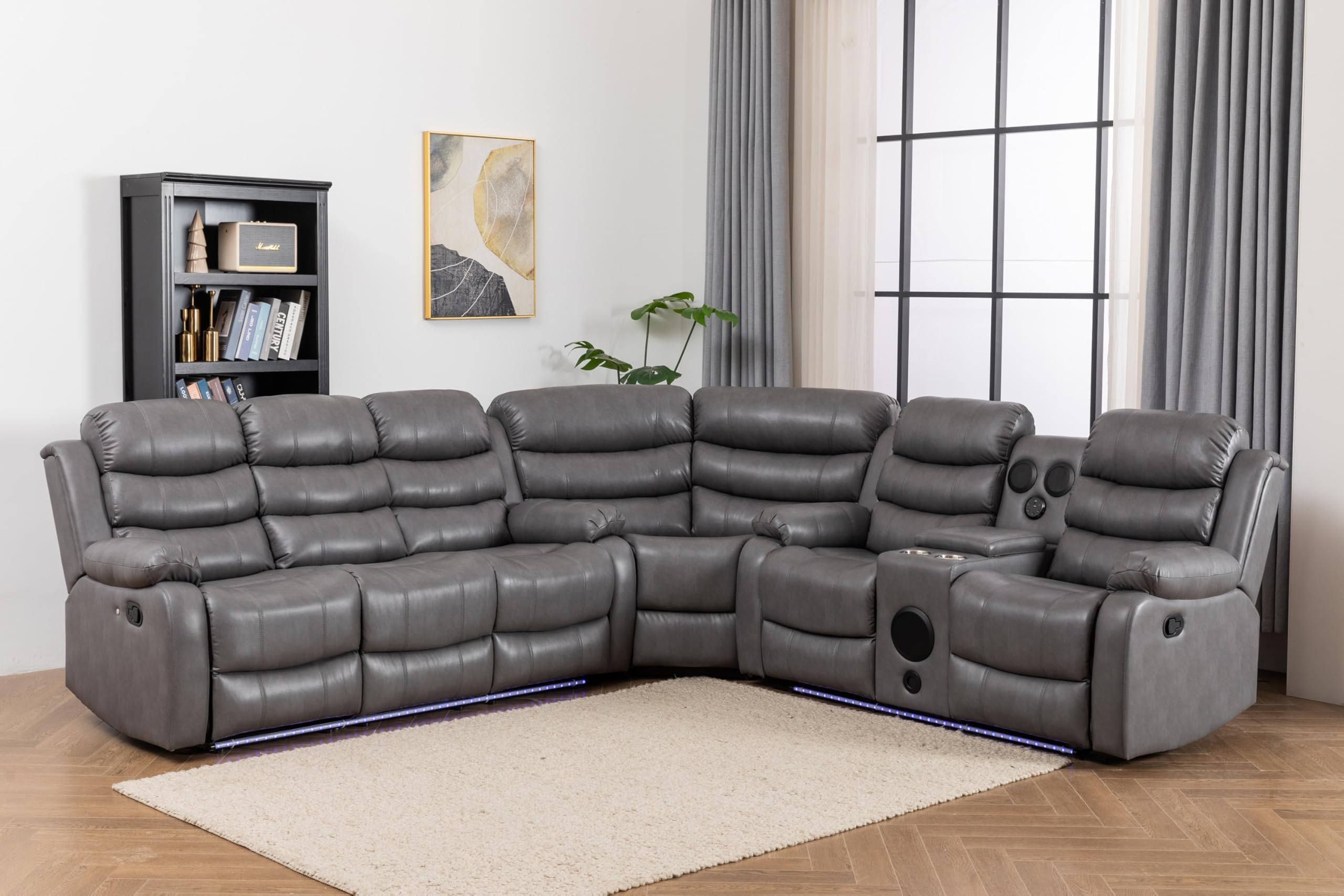 Faux Leather Reclining Sectional Sofa with LED Light and USB Chargers