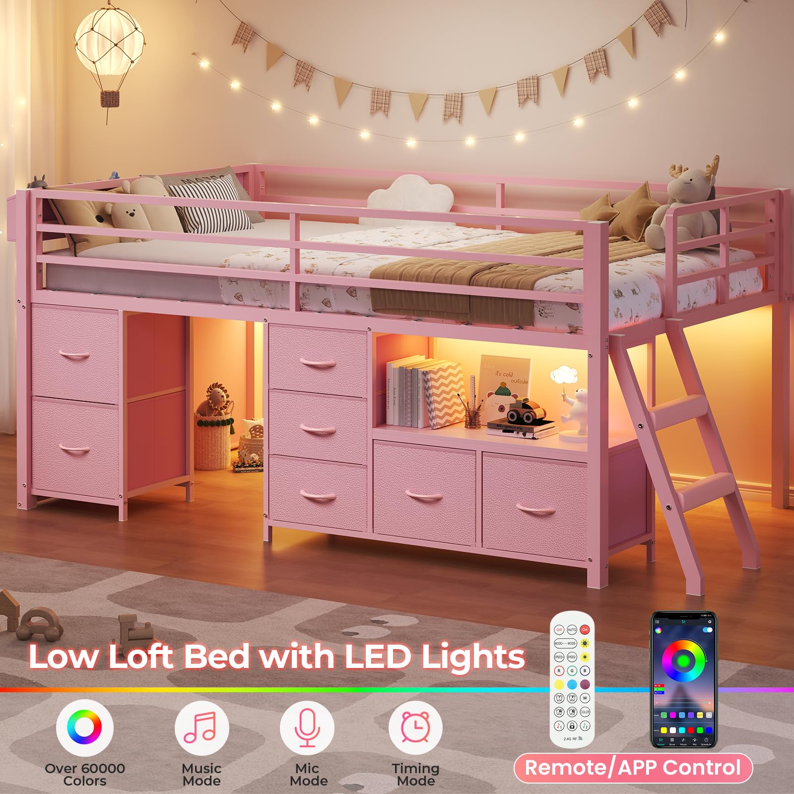 Low Loft Bed Twin Size with Storage Drawers and LED Lights