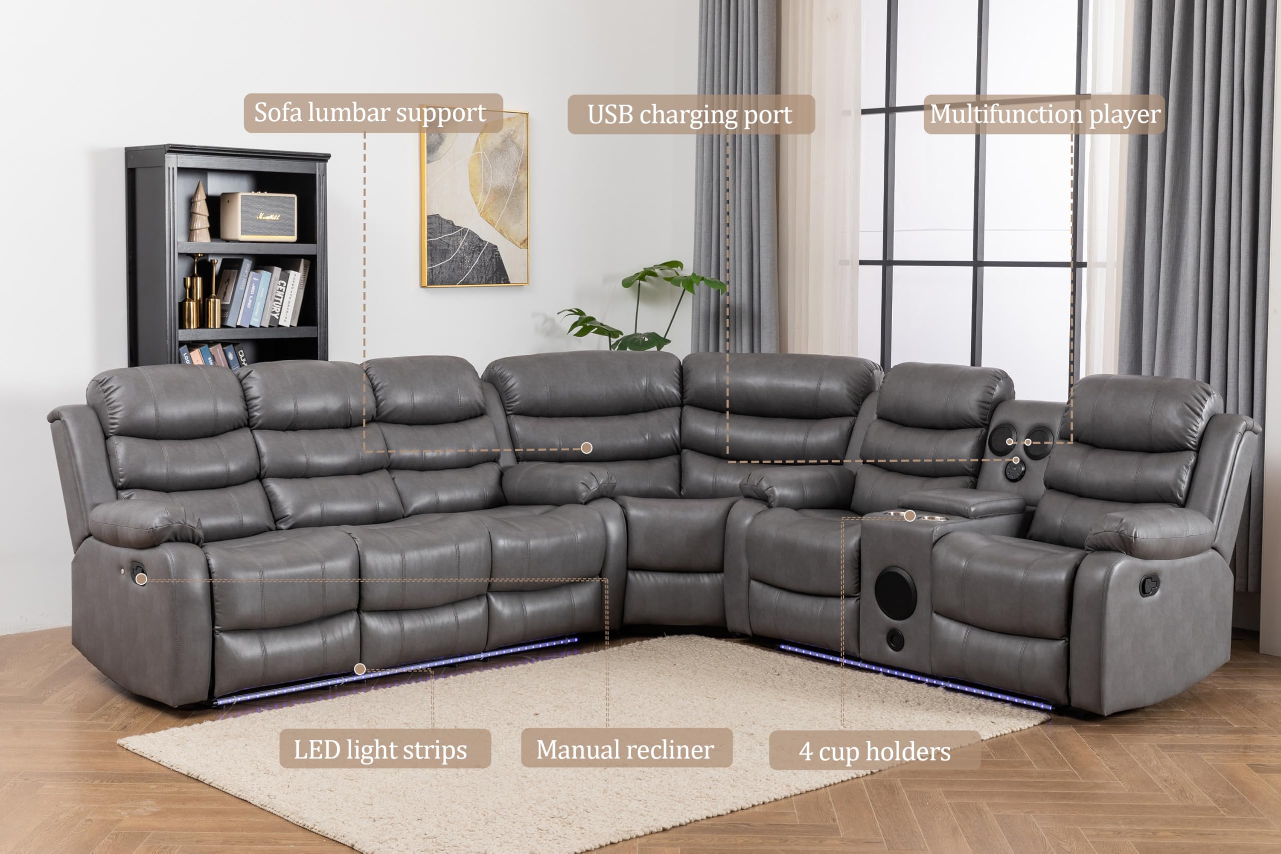 Faux Leather Reclining Sectional Sofa with LED Light and USB Chargers