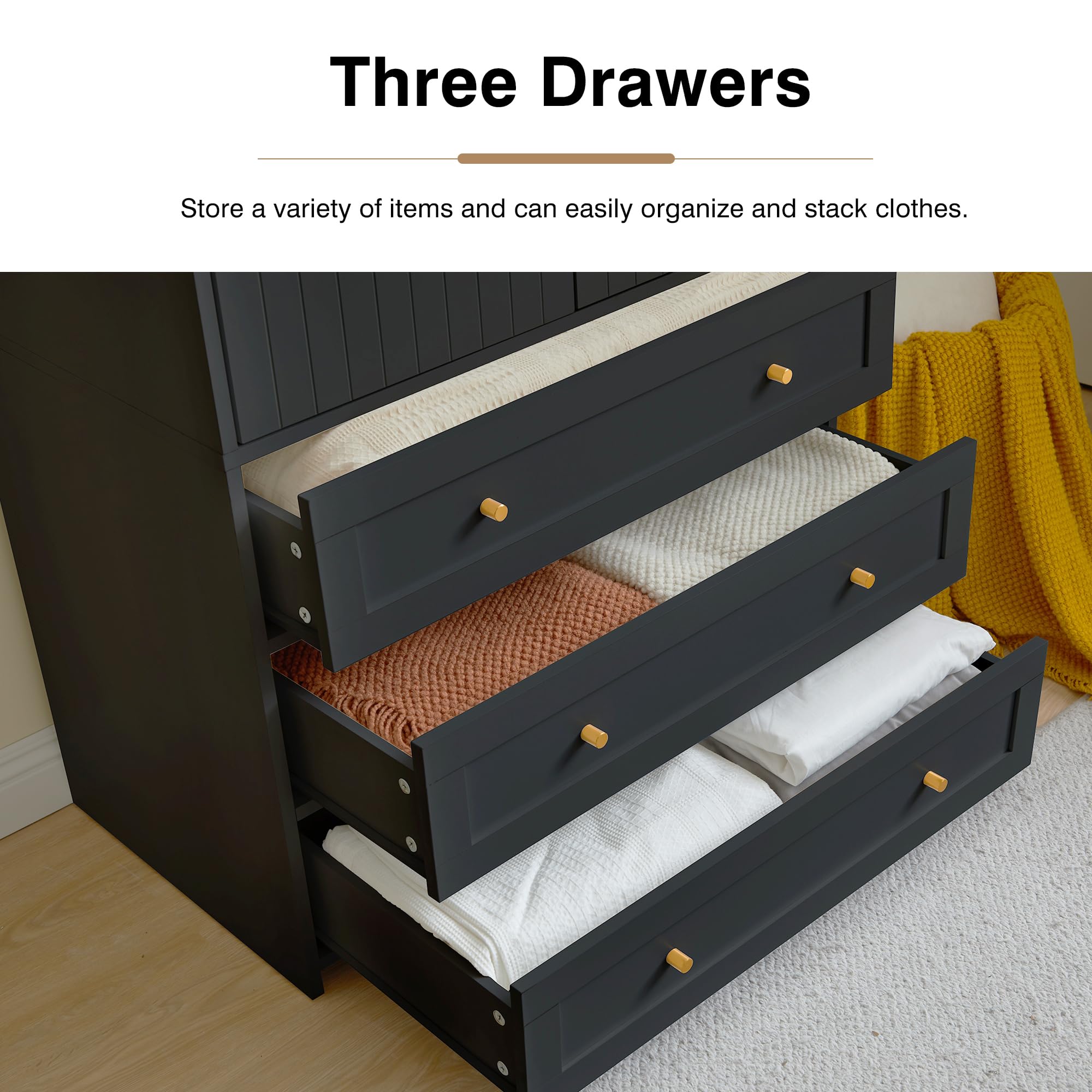 2-Door Wardrobe Armoire with 3 Drawers and Hanging Rod