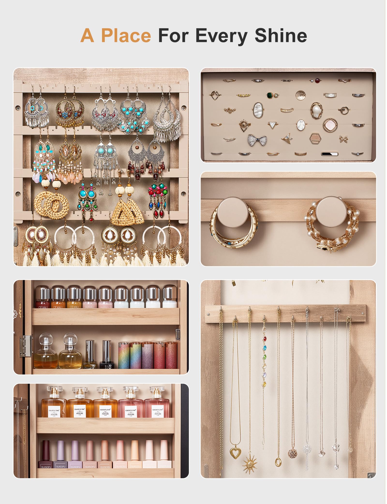 Jewelry Cabinet Armoire with Full Length Mirror and 2 Drawers