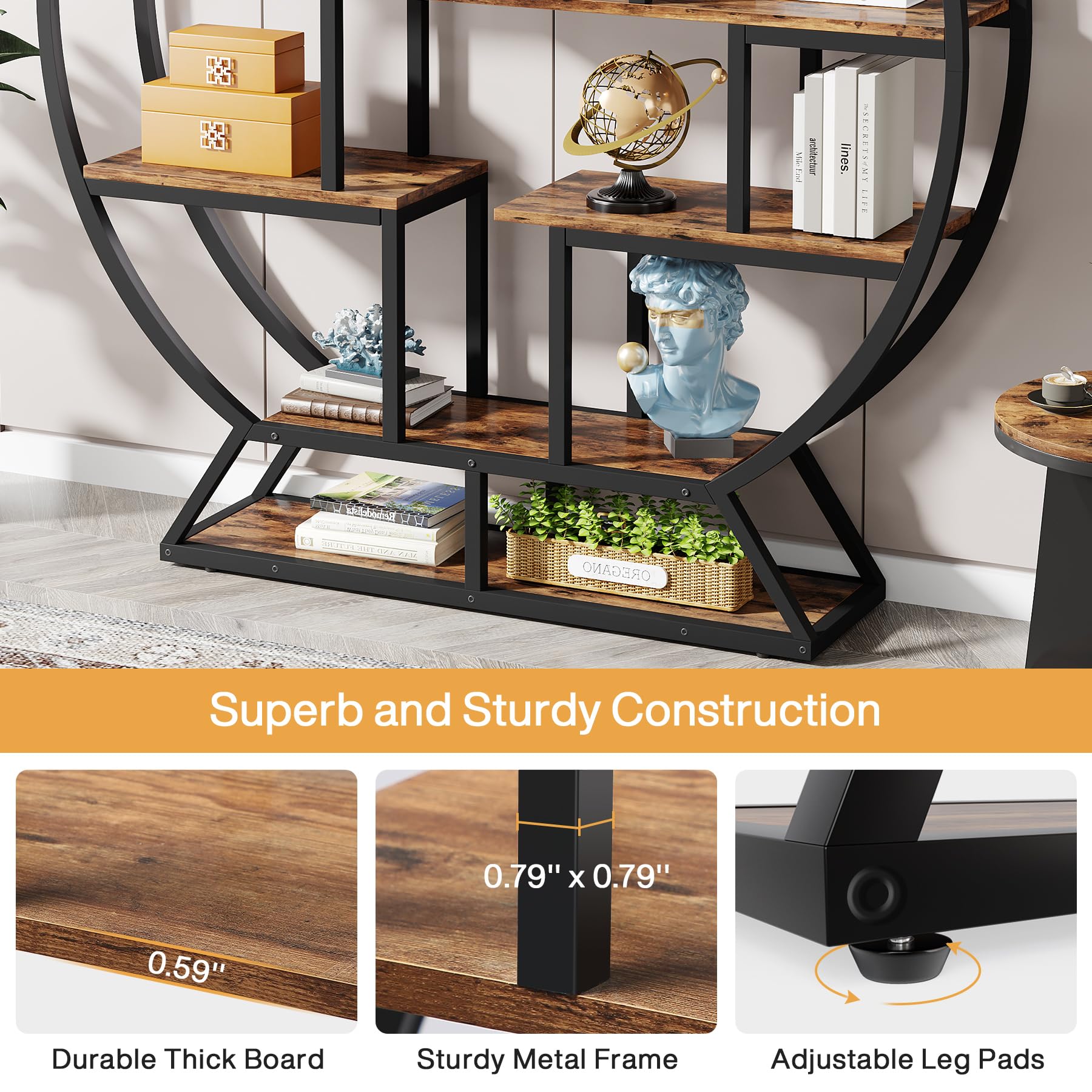 63 Inch Round Industrial Bookshelf with Staggered Shelves