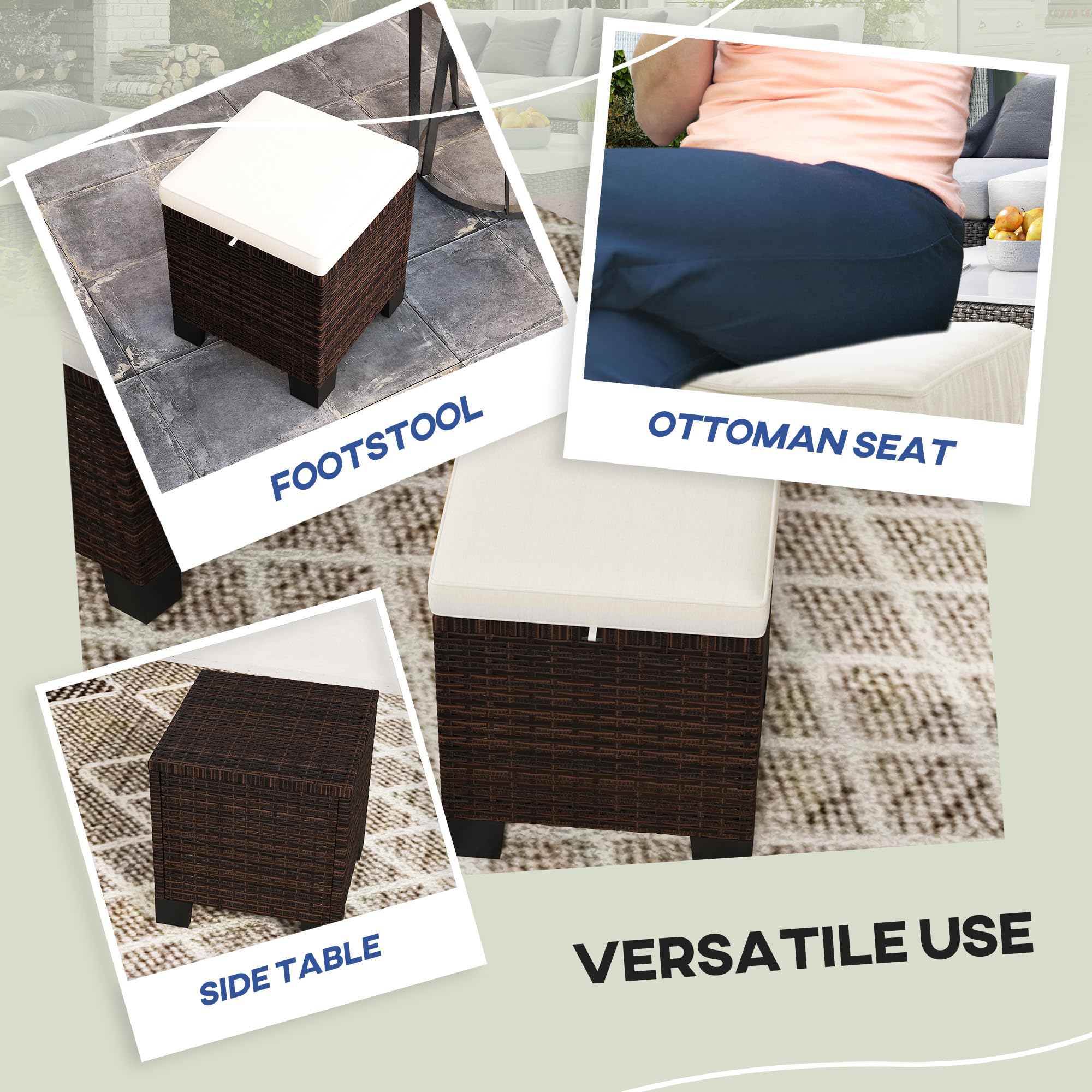 2-Piece Outdoor Patio Ottomans with Removable Cushions