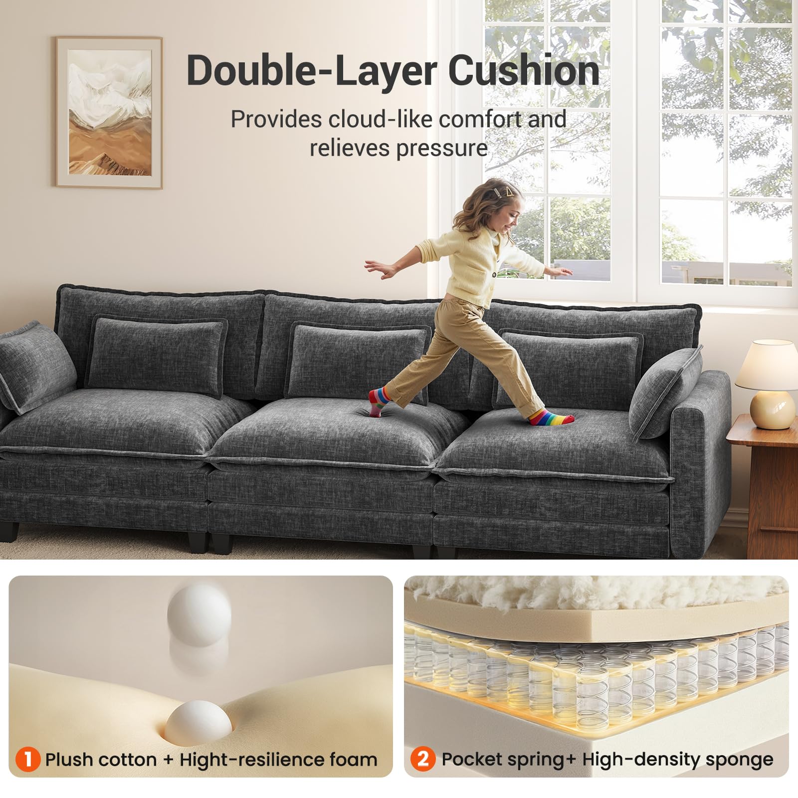 110.6" U-Shaped Modular Sectional Sofa 5-Seat Chenille Cloud Couch Dark Grey