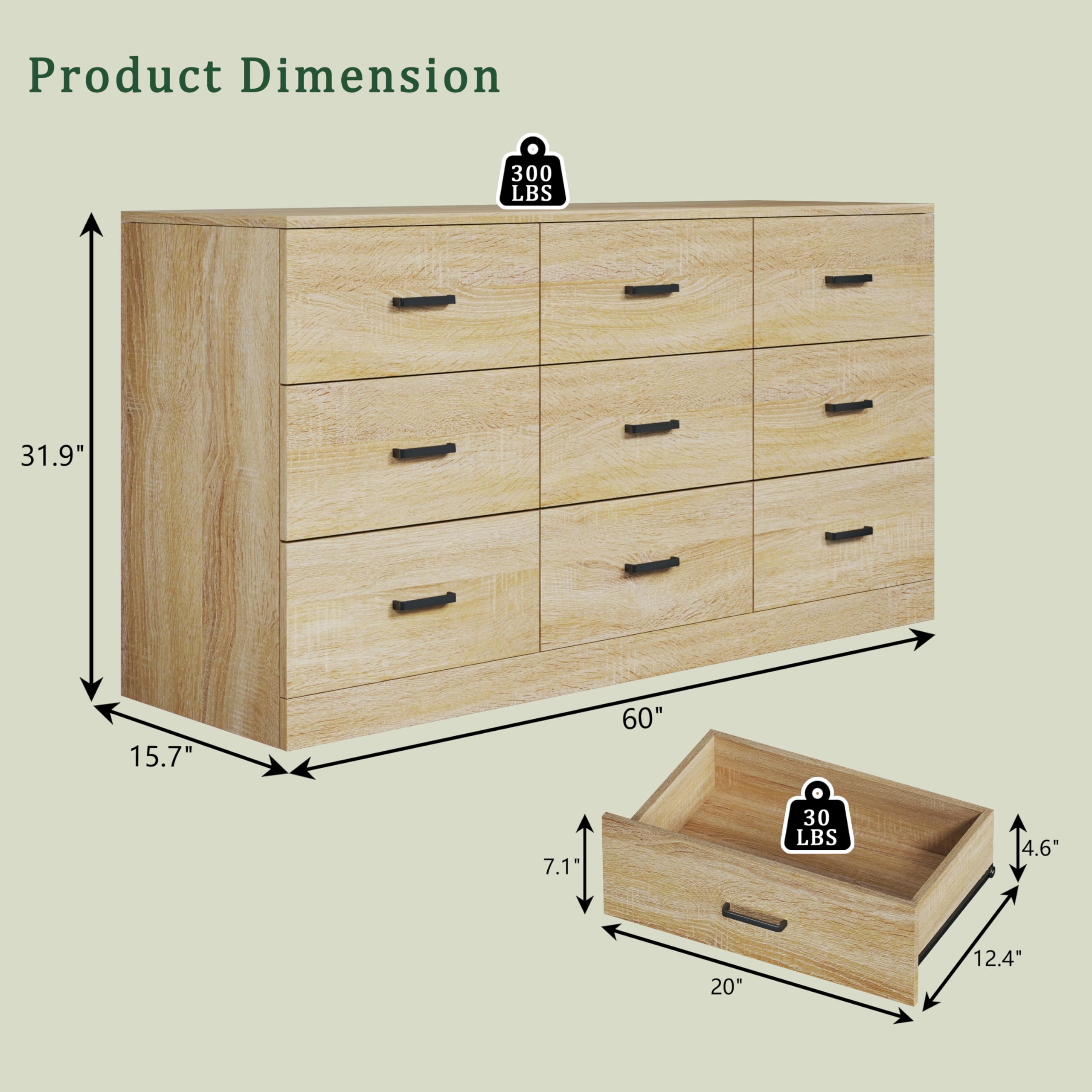 9 Drawer Dresser - 60 Inch Mid Century Modern TV Stand