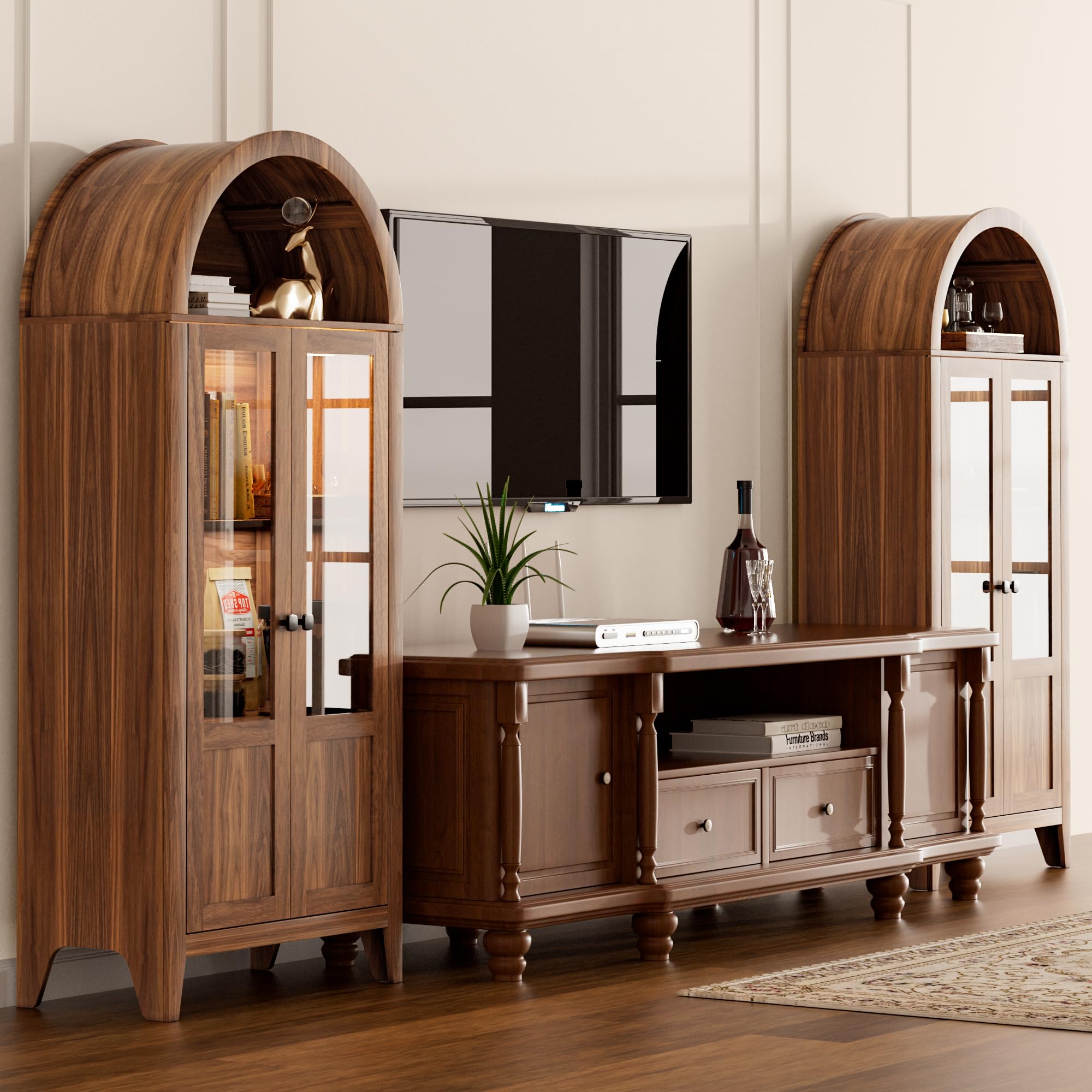70" Arched Kitchen Pantry Cabinet with Glass Doors