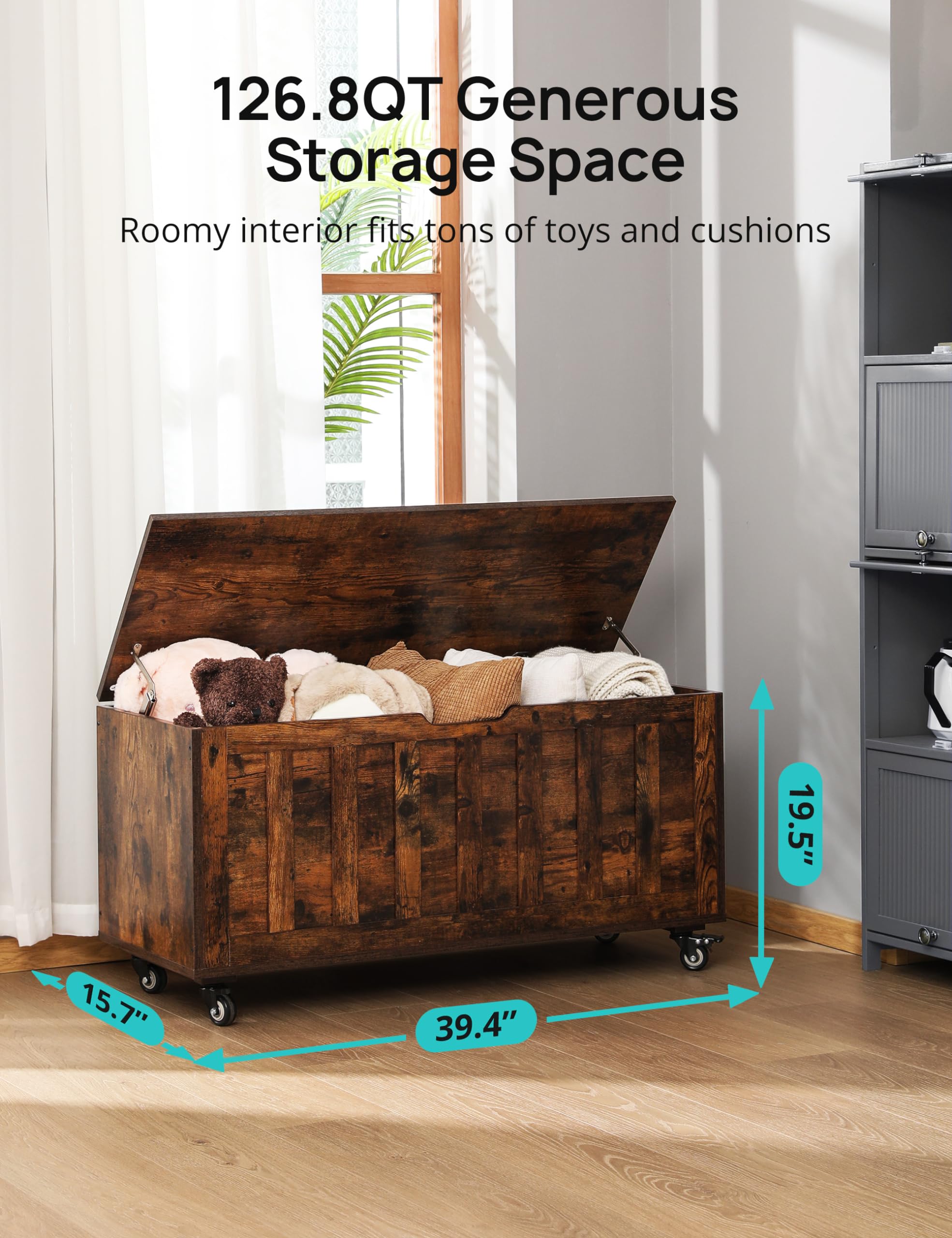 Storage Bench with Wheels and Safety Hinges