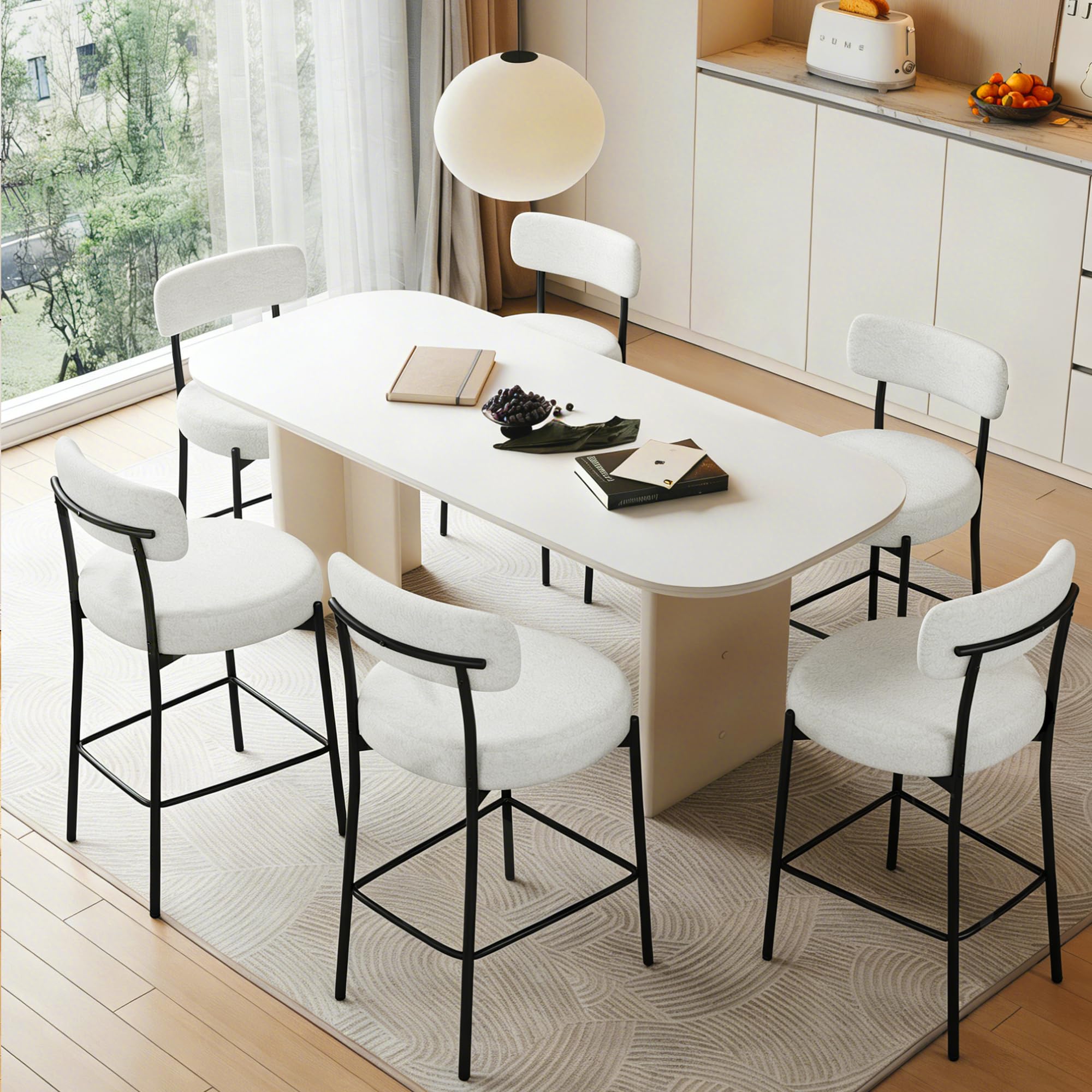 Bar Stools Set of 6, 27" White Boucle Counter Height with Back and Metal Legs