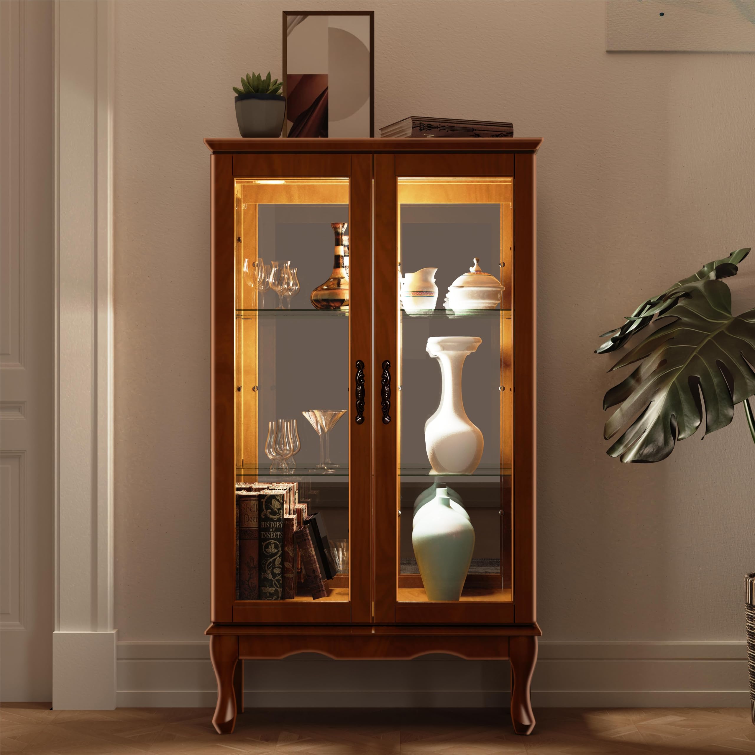 3-Tier Lighted Curio Cabinet with Glass Doors