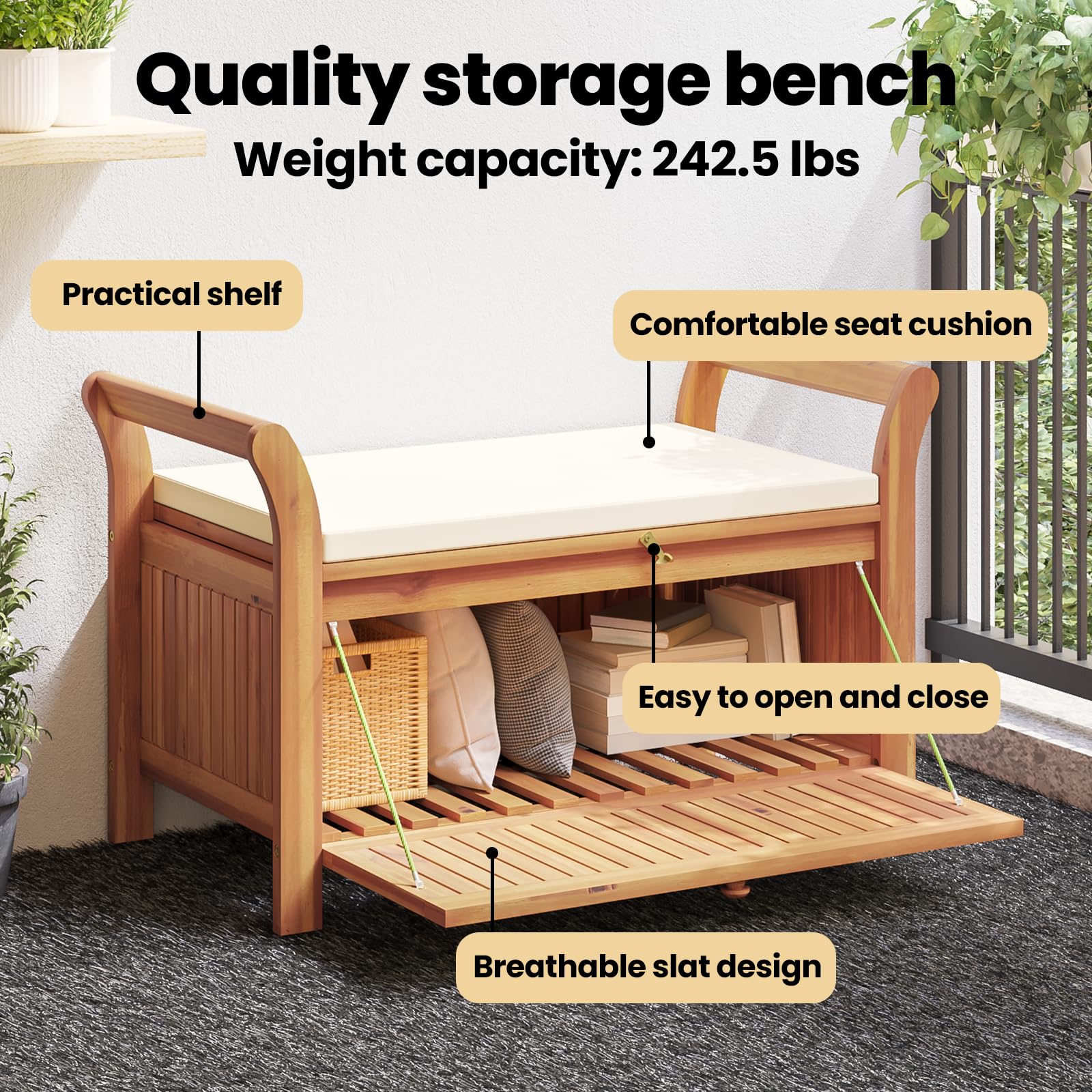 Garden Storage Bench with Cushion