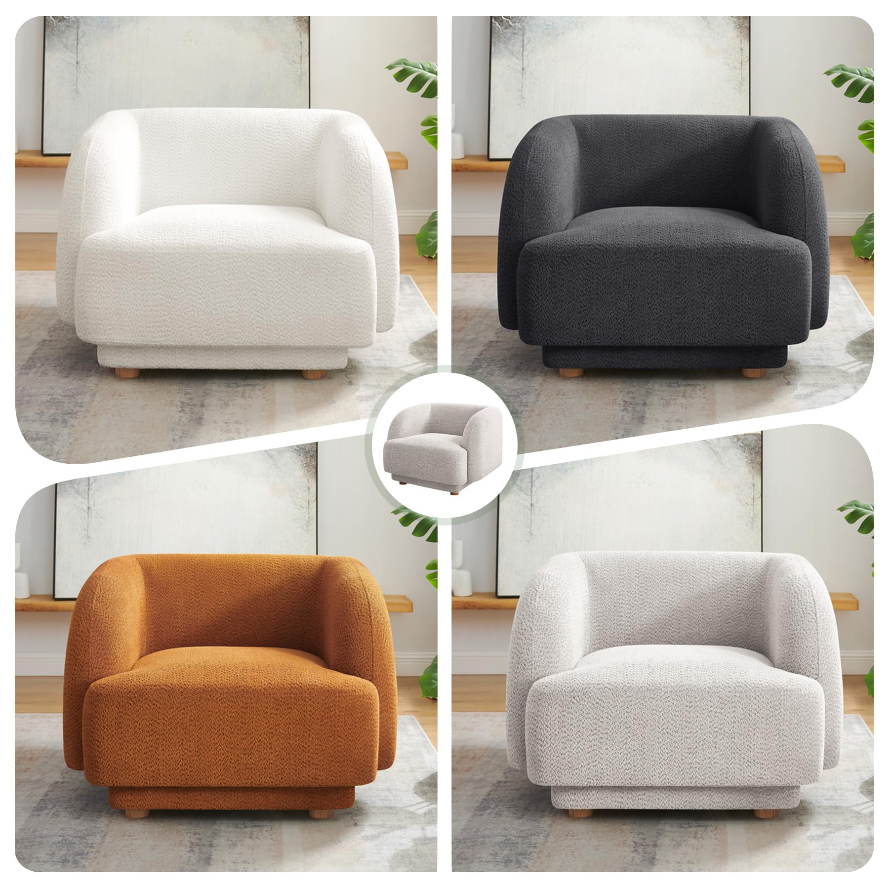 VANOMi Oversized Living Room Chair, Modern Comfy Accent Barrel Chairs, Single Sofa Chair with Wood Legs, Upholstered Armchair for Bedroom, Office, Waiting Room (Curry)