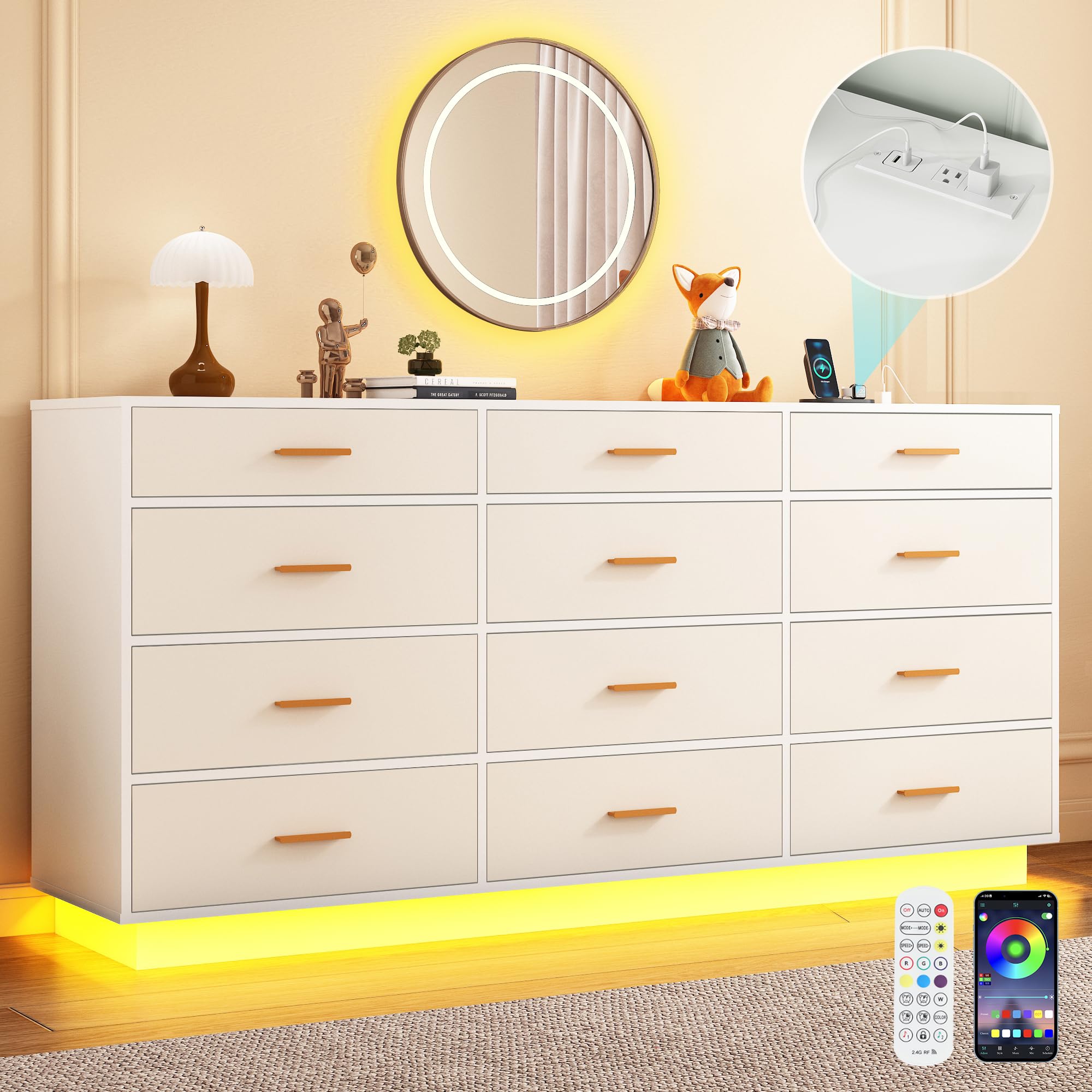 White 12 Drawer Dresser with Power Outlet and LED Lights
